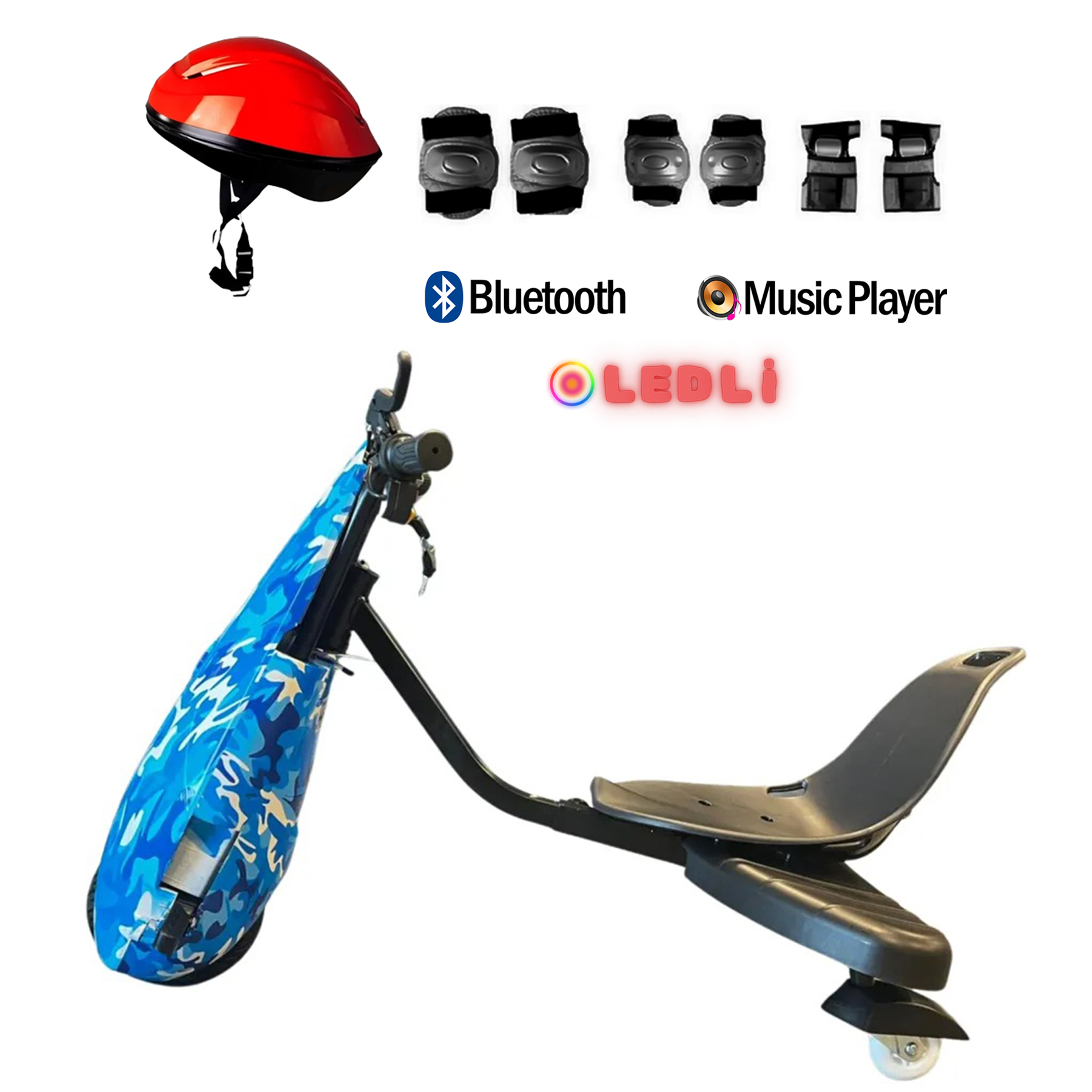 Beyaz arka planda güvenlik ekipmanları, kask, Bluetooth ve müzik çalar simgeleri olan mavi camo drift trike.