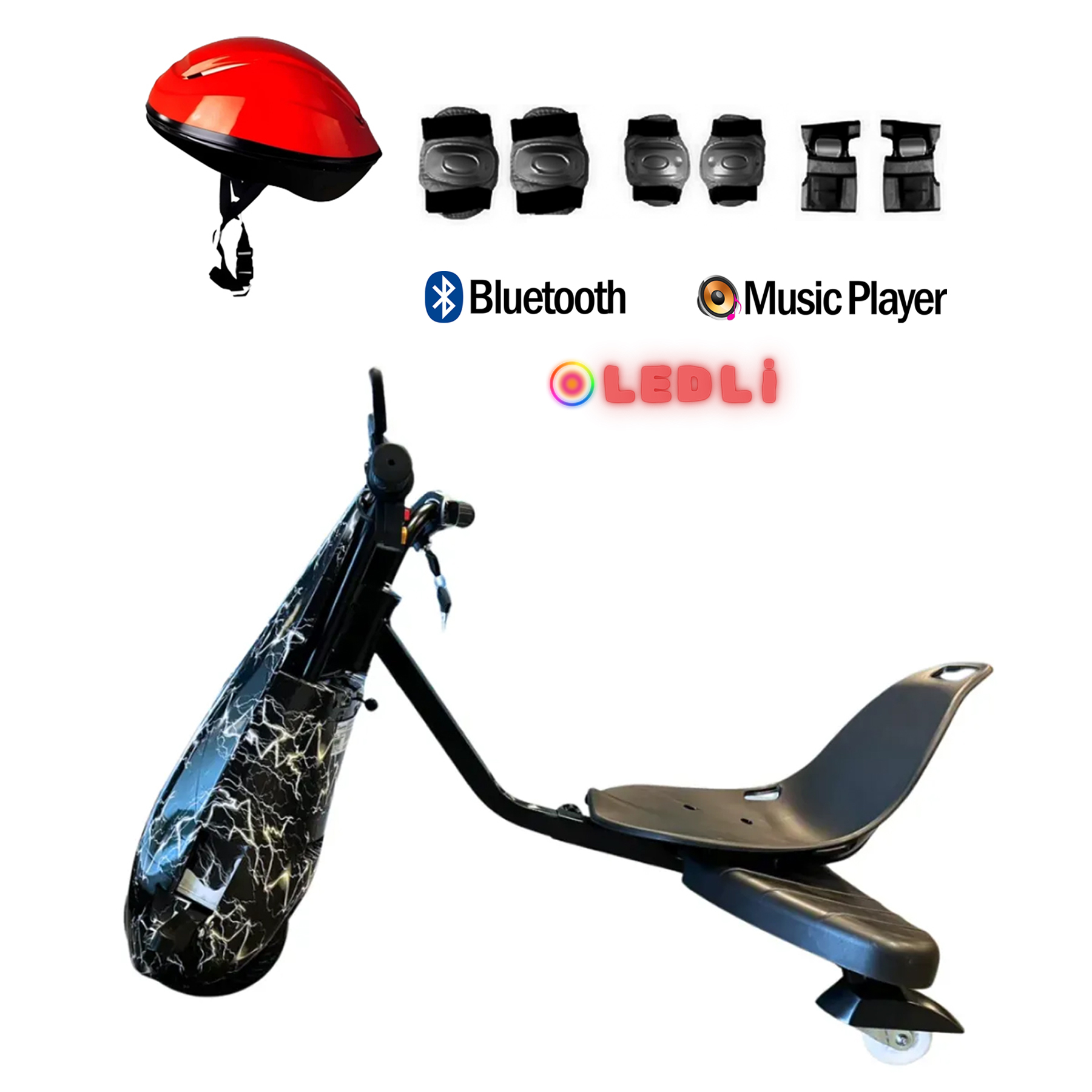 Beyaz arkaplanda koruyucu ekipman, kask, Bluetooth ve müzik çalar simgeleri olan siyah drift trike scooter.