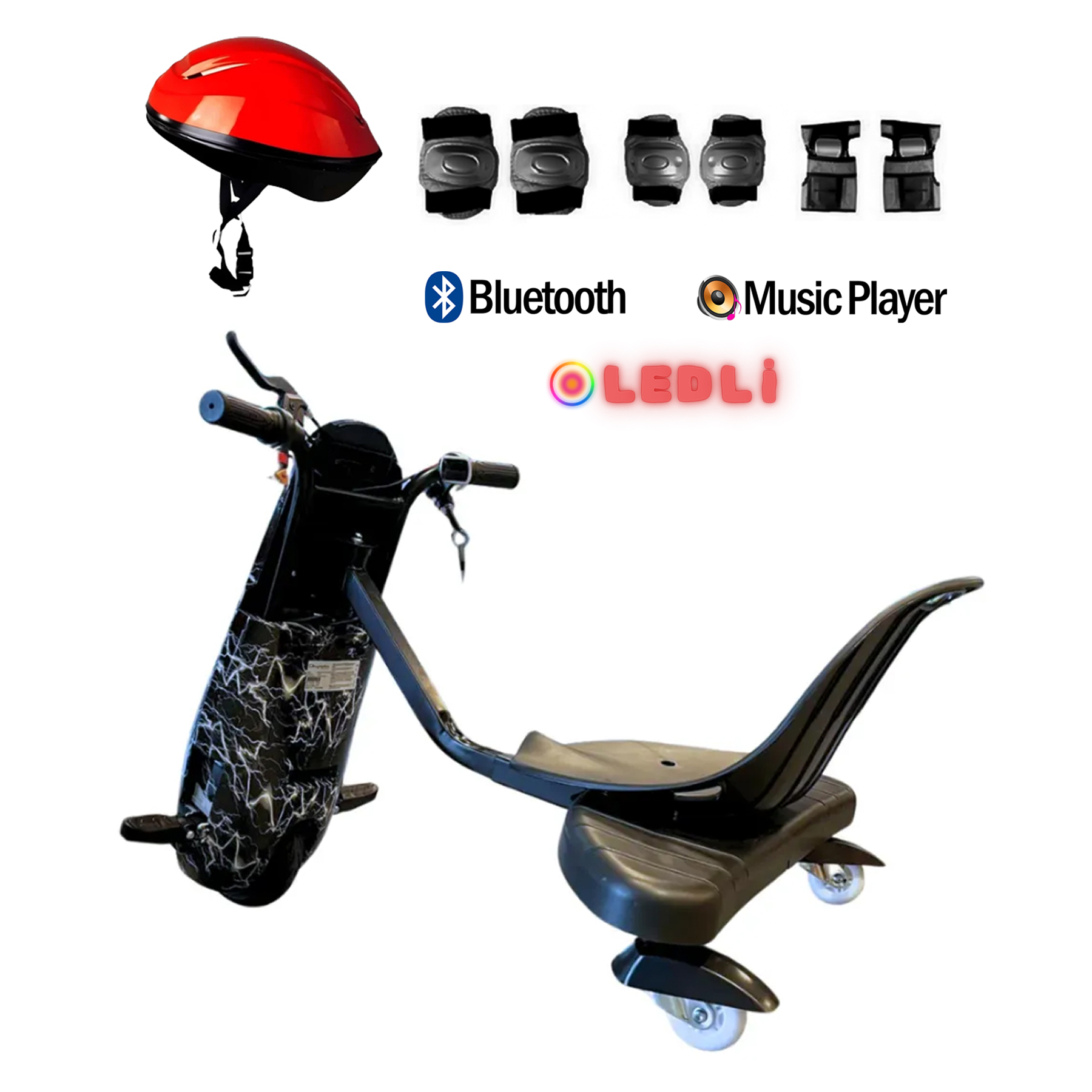 Beyaz arka planda kask, korumalıklar, bluetooth ve LED ışıklı siyah drift scooter.