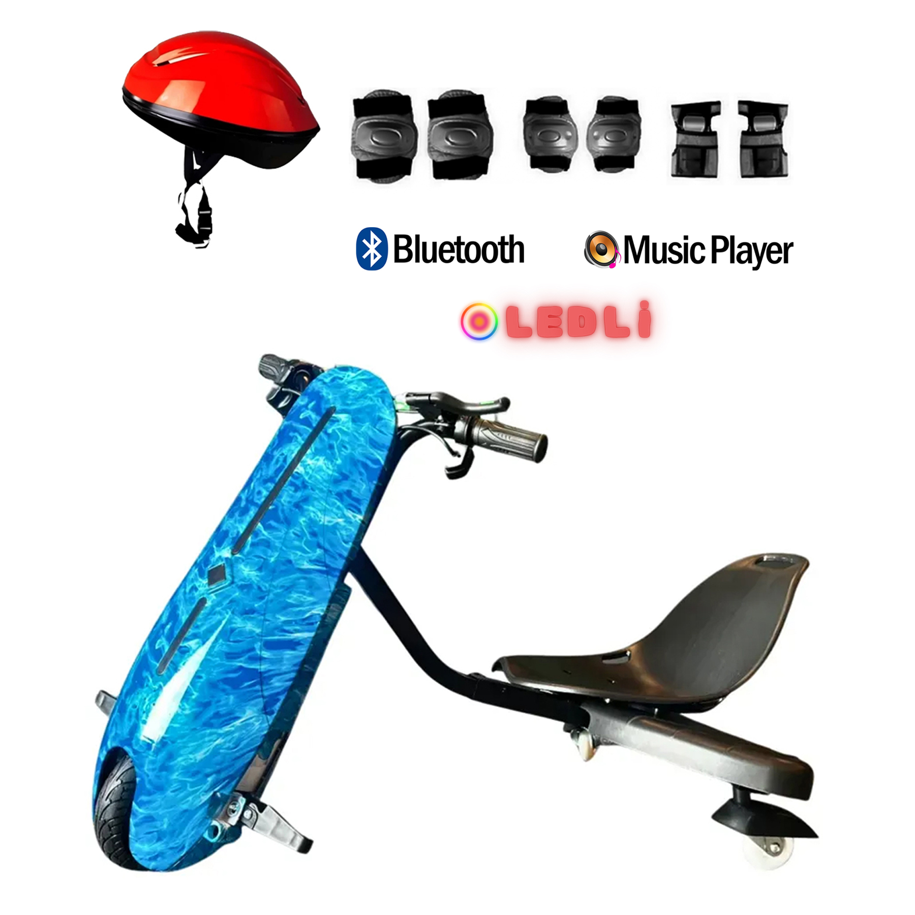 Koltuklu, kırmızı kasklı, dizlikli ve Bluetooth simgeli mavi elektrikli scooter.