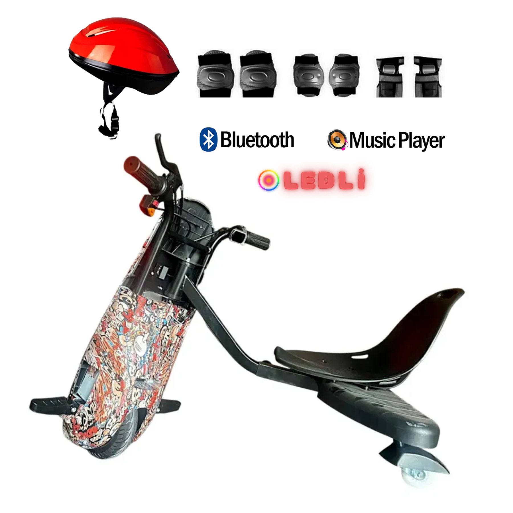 Renkli çıkartmalara, kırmızı kaska, dizliklere ve Bluetooth logosuna sahip beyaz arka planda elektrikli drift scooter.