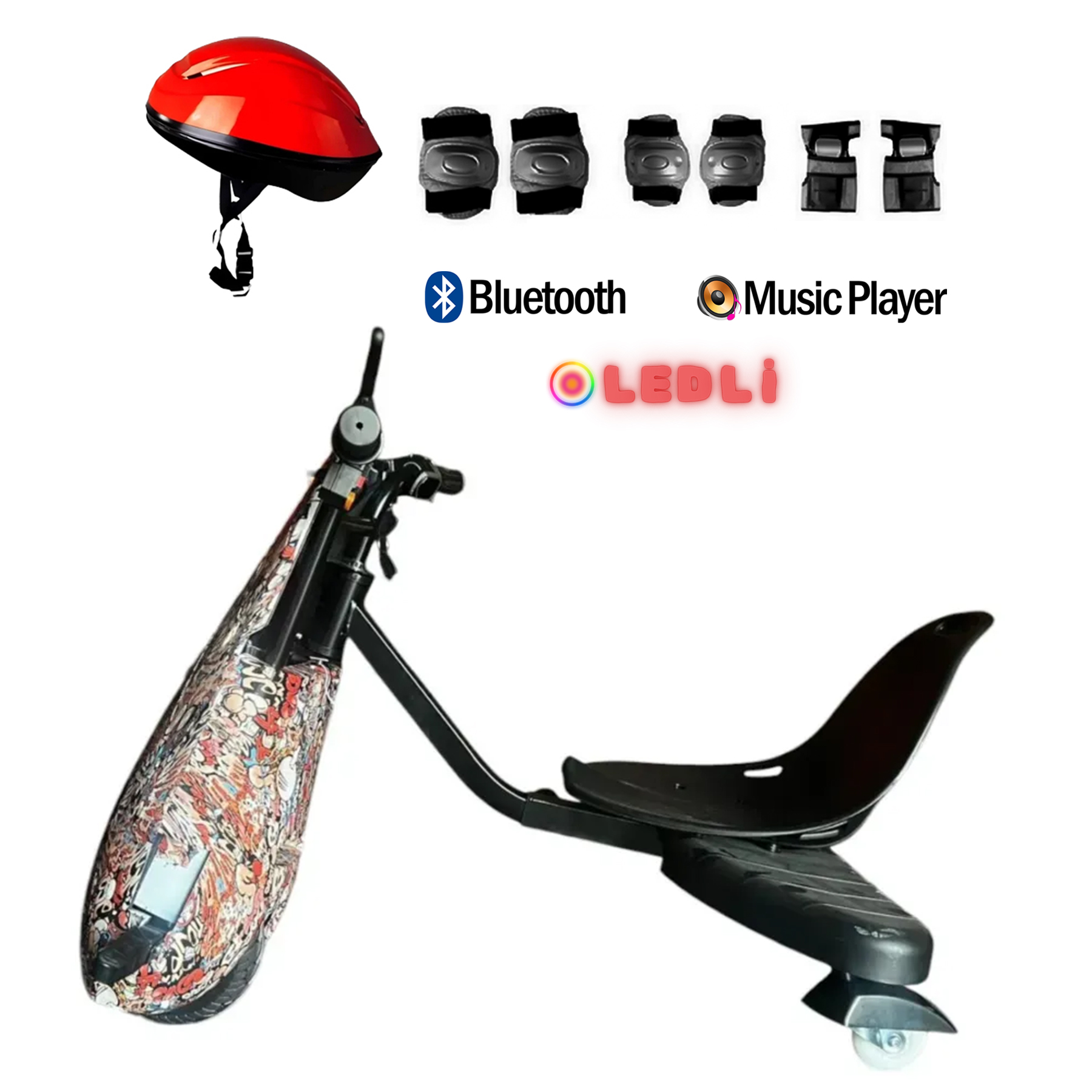 Kırmızı kask ve koruyucu pedleri olan, Bluetooth ve müzik çalarlı siyah ve renkli bir drift trike scooter.