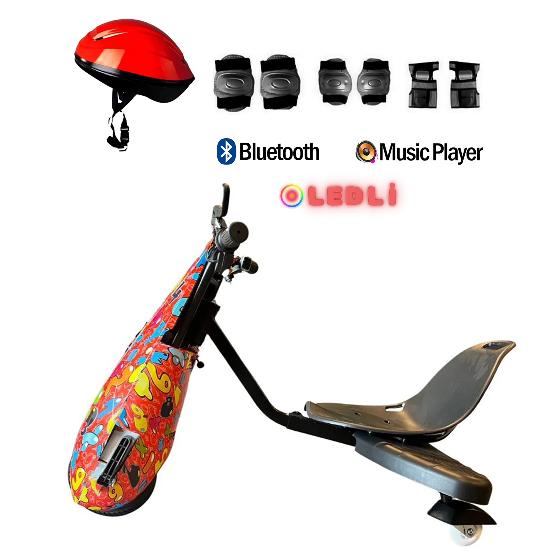 Kask, koruyucular, Bluetooth ve müzik çalar simgeleri olan renkli bir drift scooter.