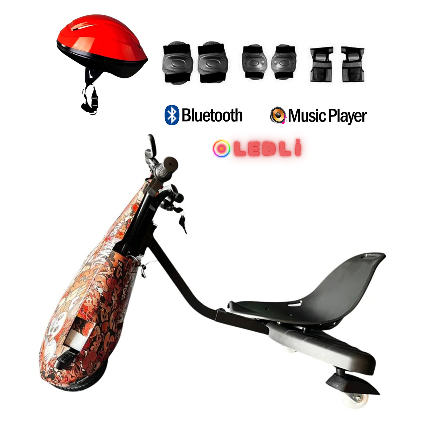 Kırmızı ve siyah drift scooter, koruyucu ekipman ve Bluetooth, müzik çalar ile LED ikonları.