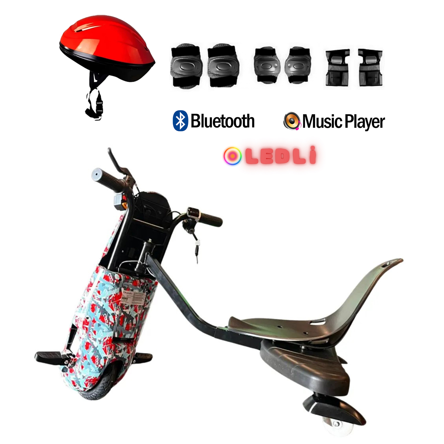 Renkli desenli elektrikli drift scooter, kırmızı kask, koruyucu pedler, Bluetooth ve müzik çalar simgeleri.