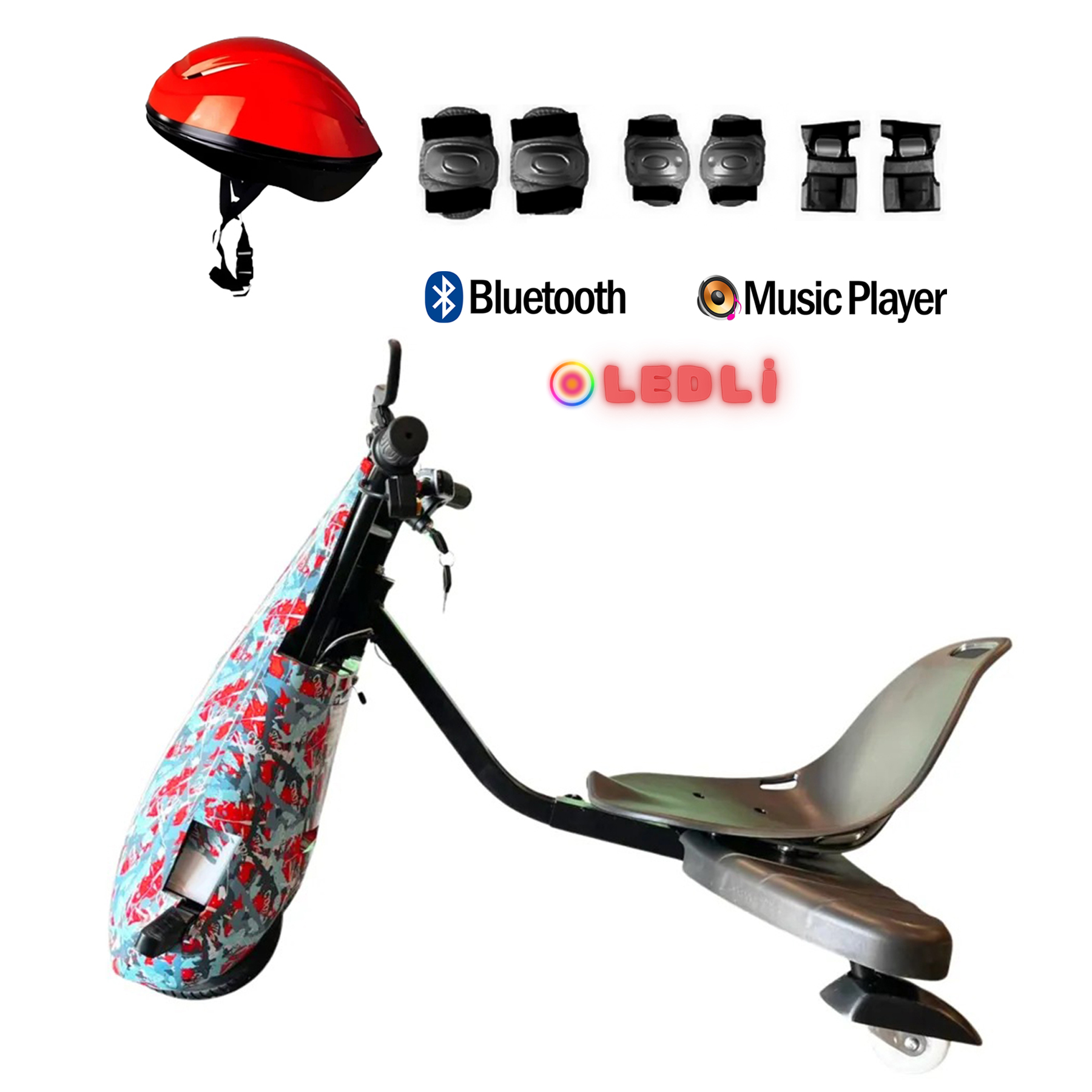 Kask, korumalıklar, Bluetooth, müzik çalar ve LED simgeleri olan kırmızı-siyah bir drift scooter.