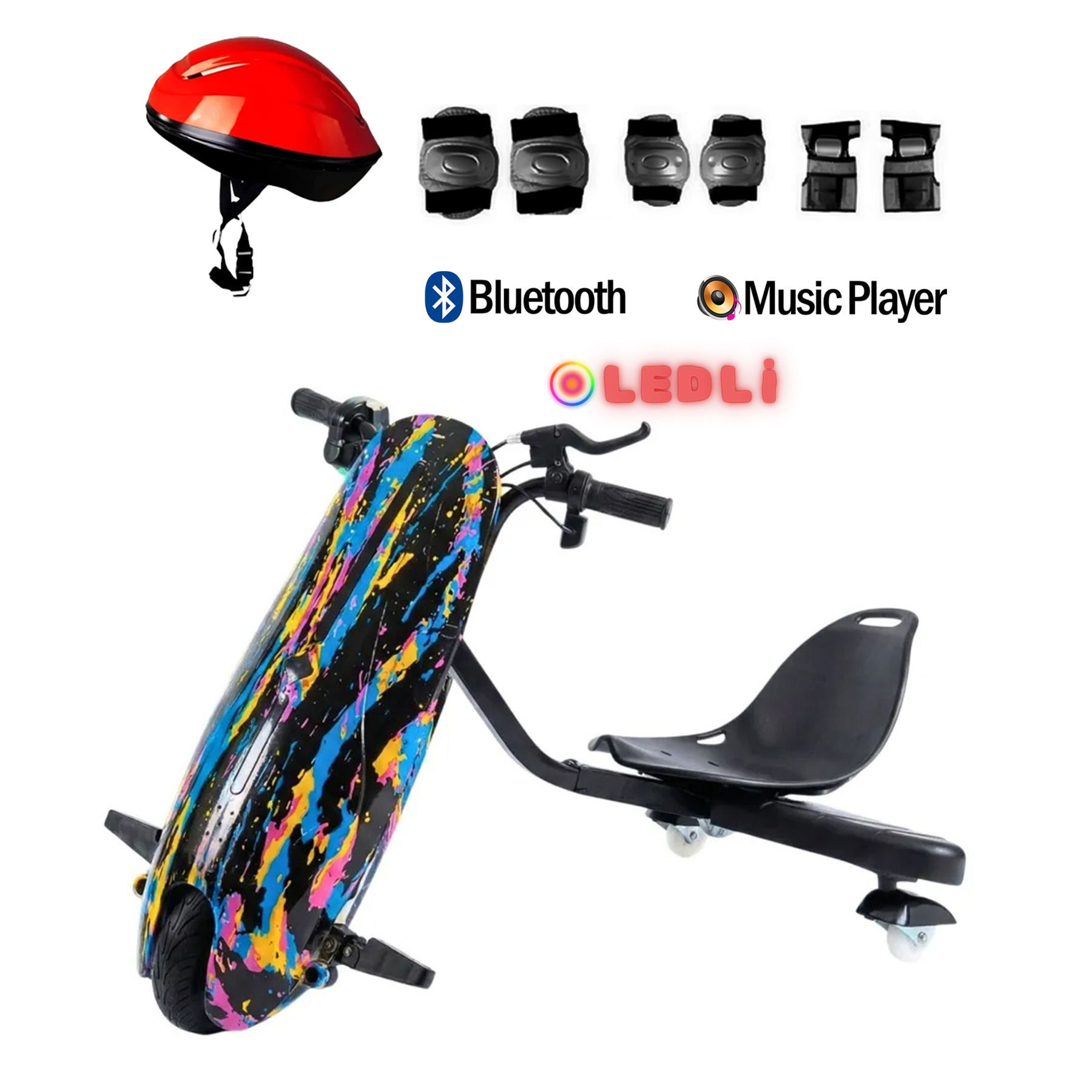 Kask, koruma pedleri, Bluetooth logosu, müzik çalar simgesi ve kırmızı OLED yazısı olan renkli drift trikesi.