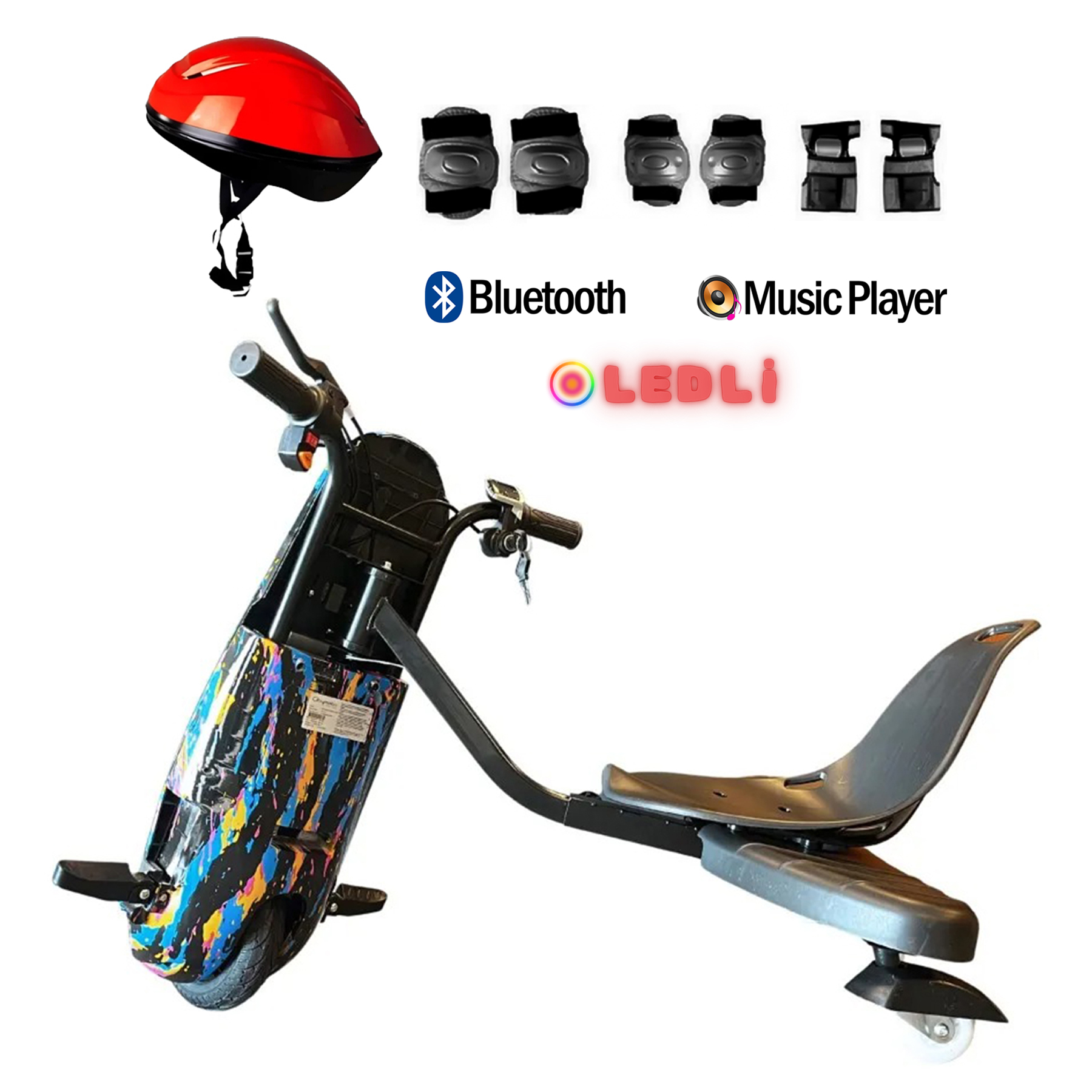 Renkli tasarımlı, kasklı, korumalı, Bluetooth ve müzik çalar özellikli elektrikli drift scooter.