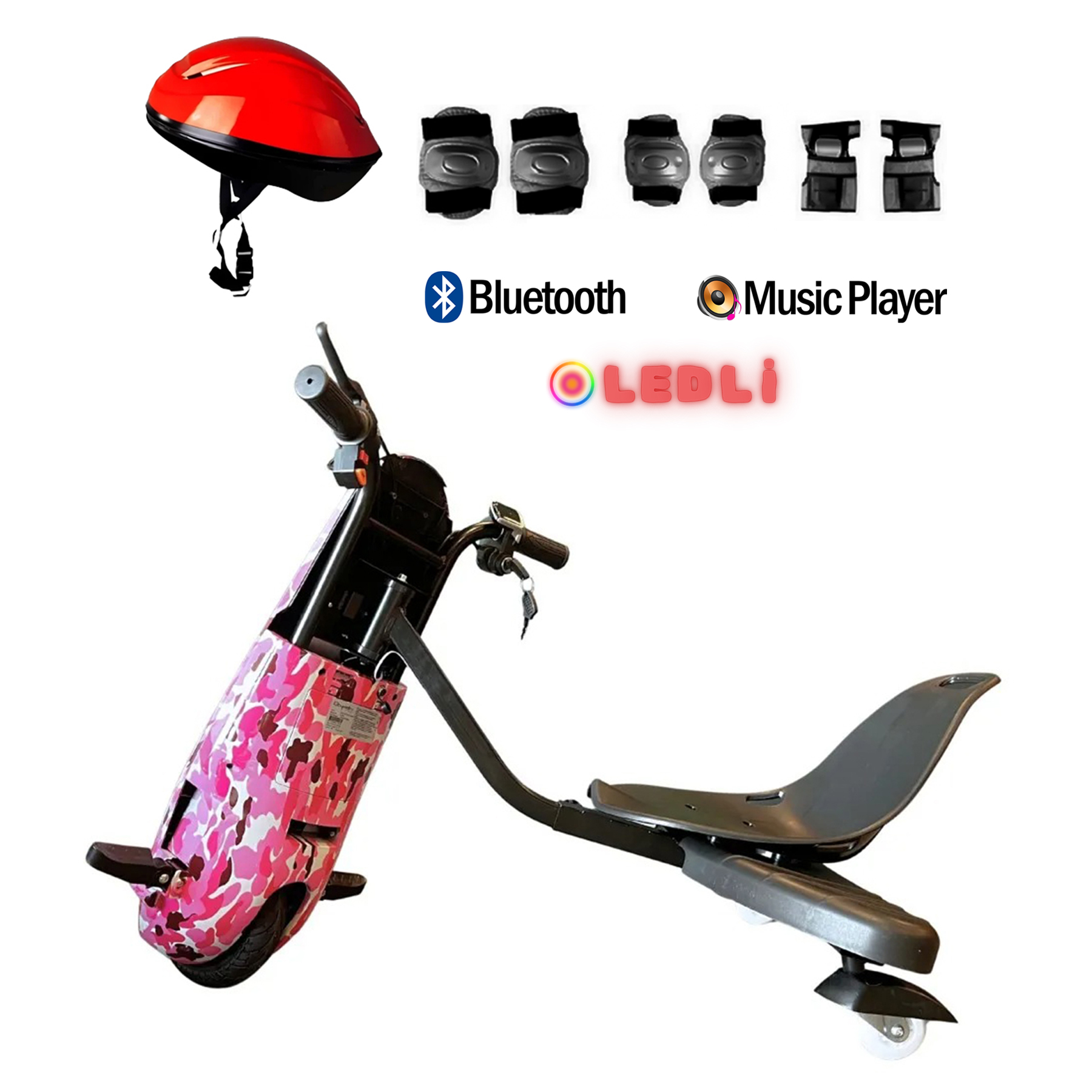 Kask, koruma, Bluetooth ve müzik çalar özellikli pembe kamuflajlı drift scooter.