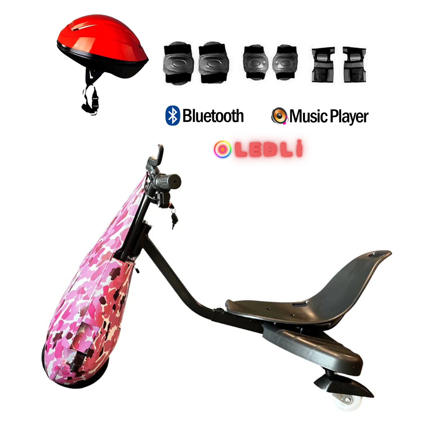 Güvenlik ekipmanları, kask ve Bluetooth müzik çalar simgeleri olan pembe kamuflajlı drift trike.