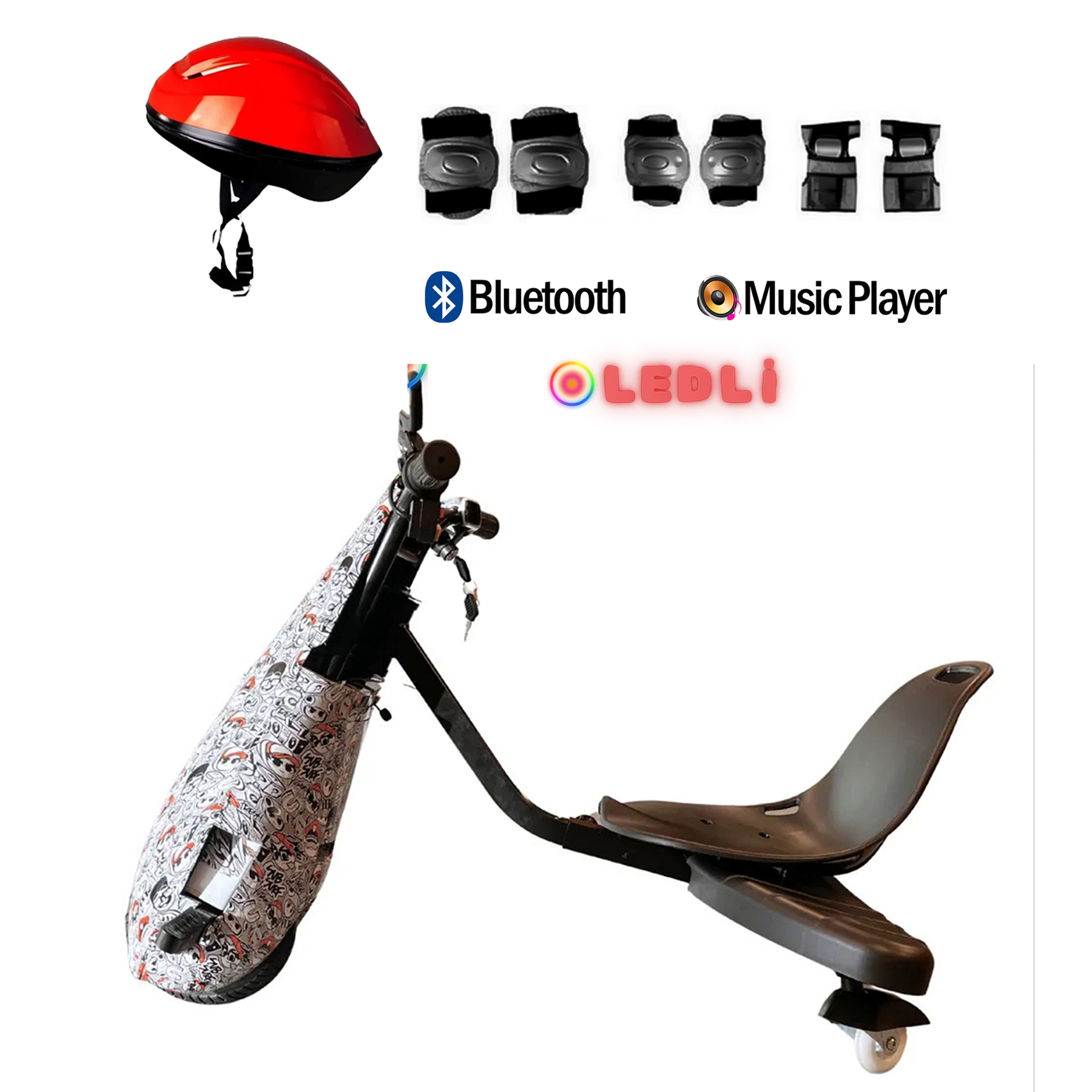 Koltuklu, kırmızı kasklı, koruma ekipmanlı, bluetooth ve müzik çalar özellikli elektrikli scooter.
