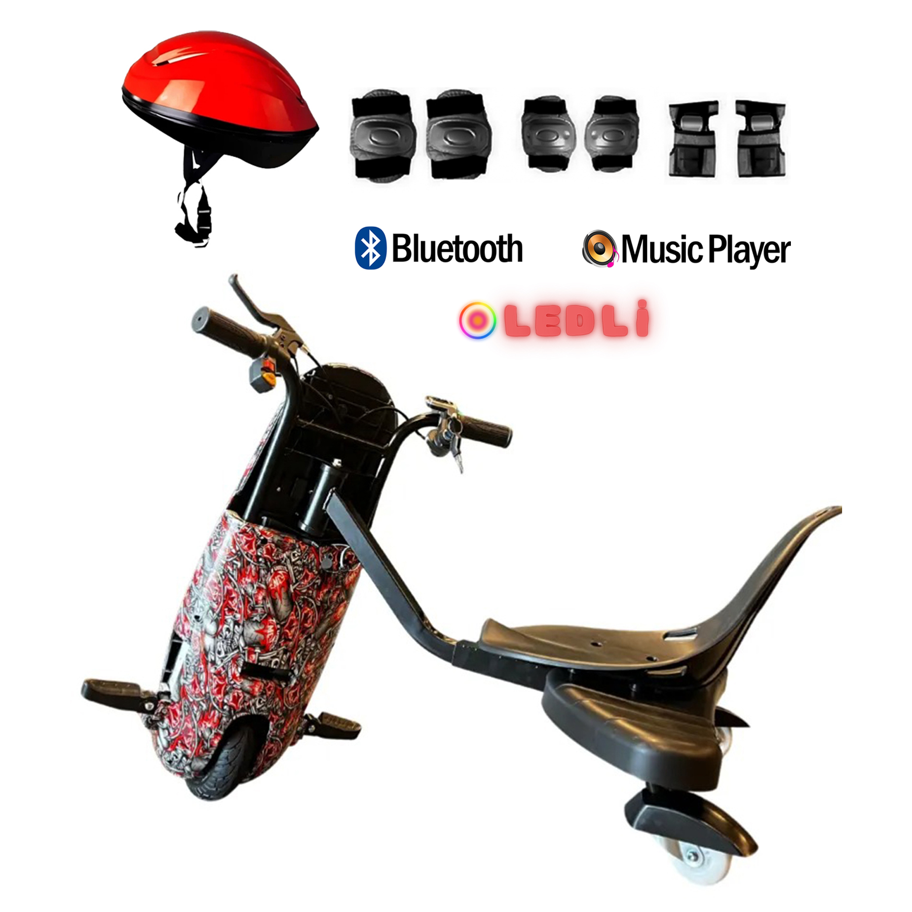 Kask, koruyucu pedler, Bluetooth ve müzik çalar simgeleri olan kırmızı ve siyah elektrikli drift üç tekerlekli bisiklet.