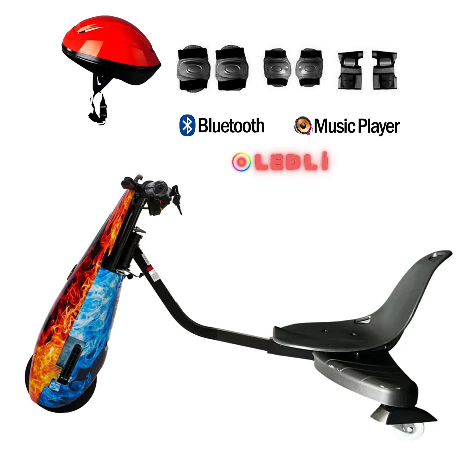 Alev desenli drift trike, kask, korumalıklar ve Bluetooth, müzik çalar, LED ışık simgeleri.