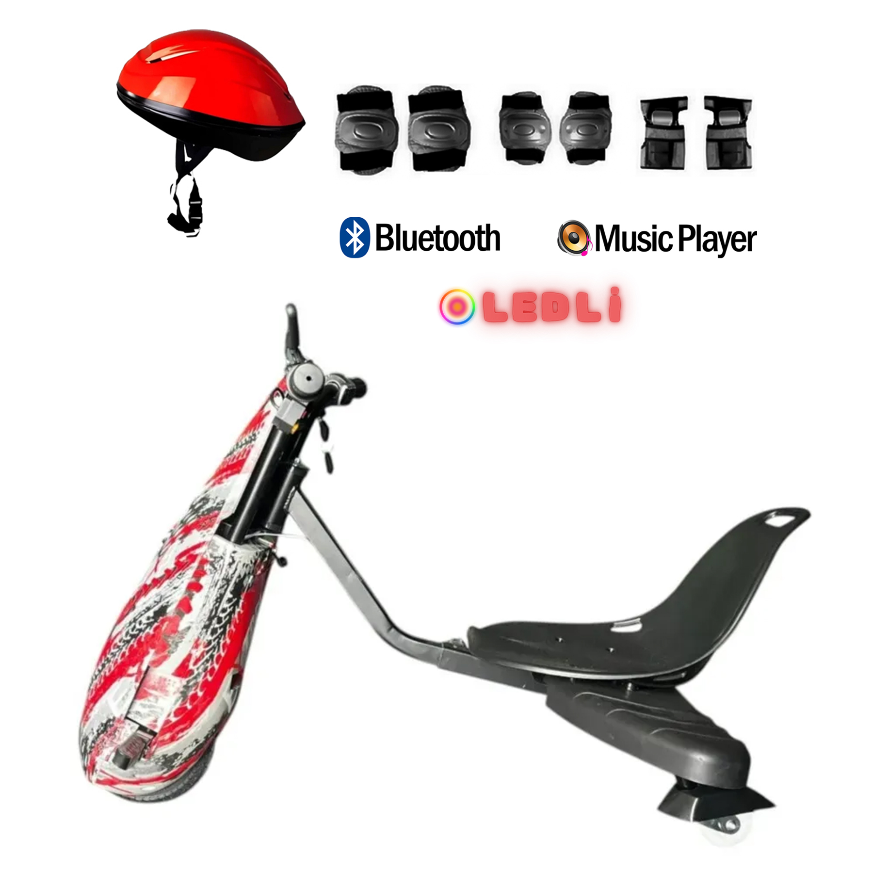 Koltuk, kask ve koruyucu ekipmanlı, Bluetooth ve müzik çalar simgeli kırmızı beyaz drift scooter.