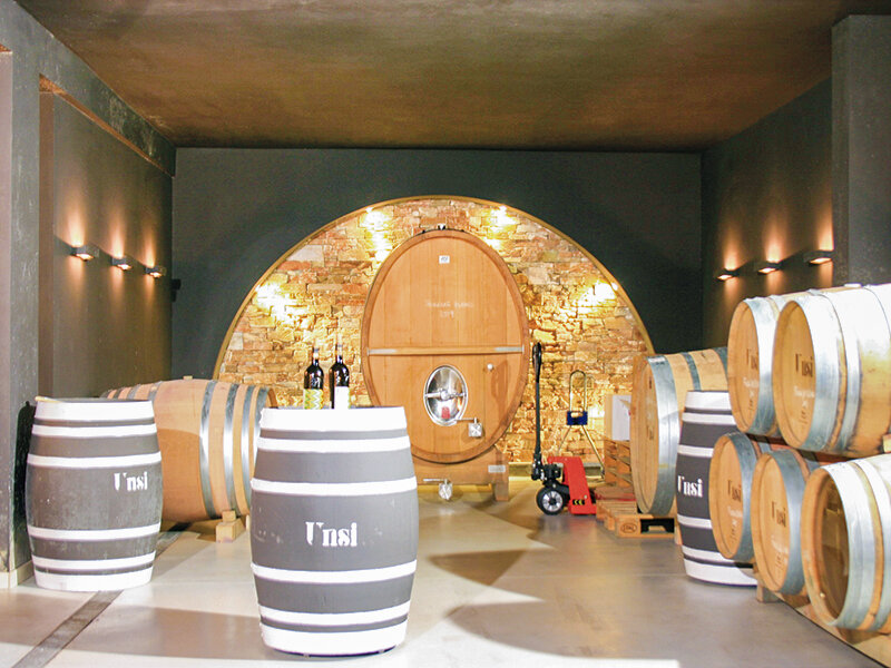 Bodega de vino con barriles de madera, un tonel grande frente a una pared de piedra e iluminación suave.