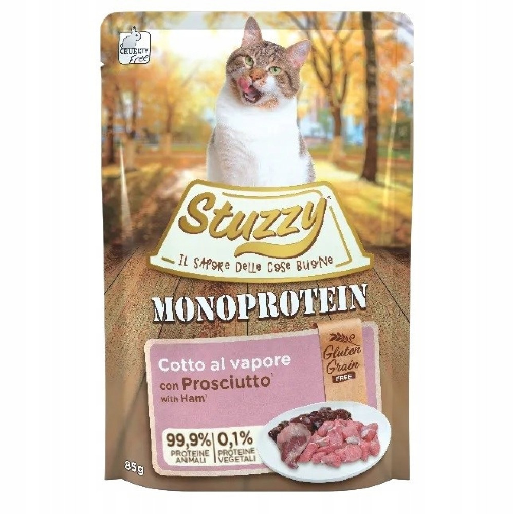 Saszetka karm dla kota Stuzzy monoprotein z szynką na jesiennym tle.