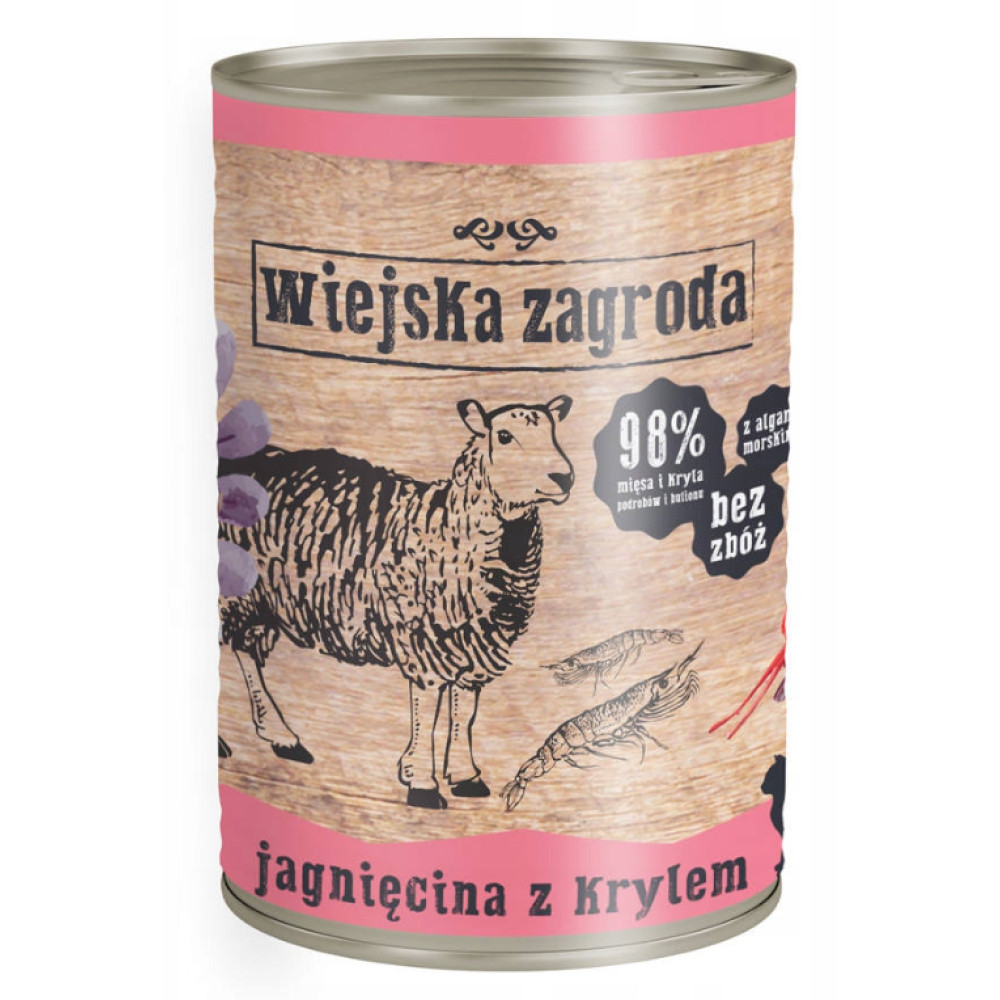Puszka karmy z drewnianym motywem, grafiką owcy i kryla oraz napisem Wiejska Zagroda.