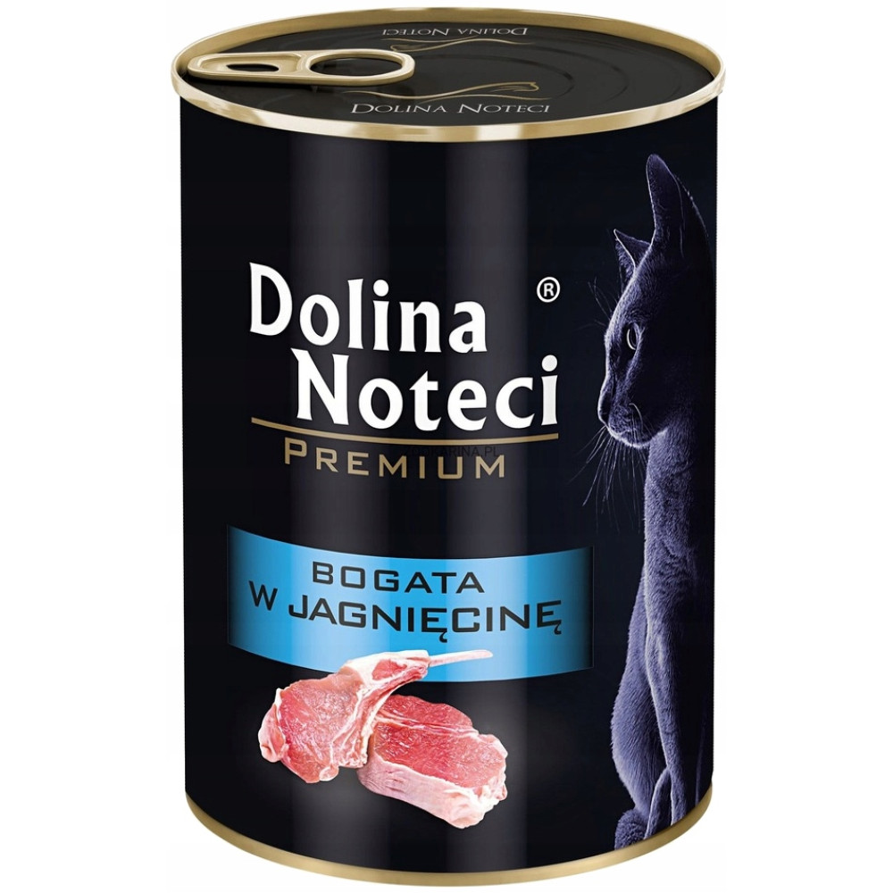 Czarna puszka z karmą dla kota Dolina Noteci z sylwetką kota i surowymi kotletami jagnięcymi.