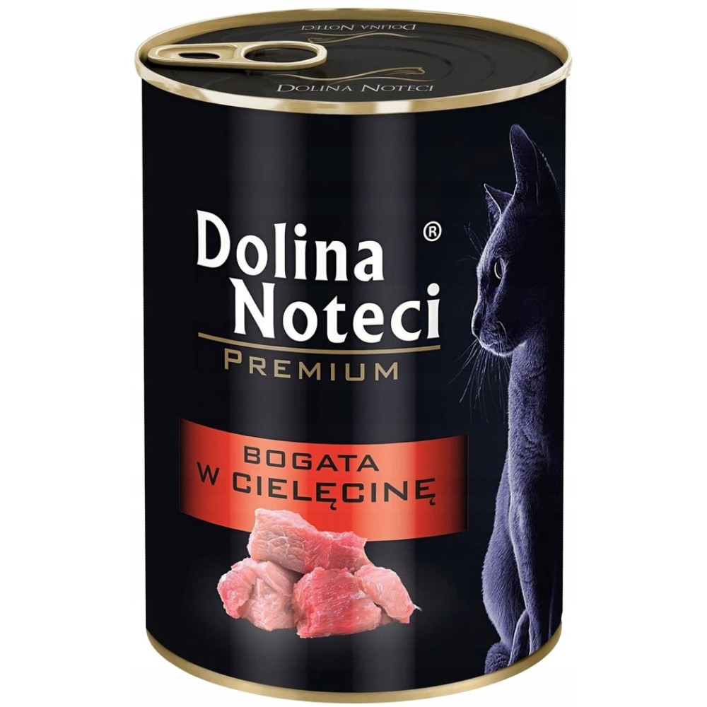 Puszka karmy dla kota Dolina Noteci z czarnym kotem i kawałkami mięsa.