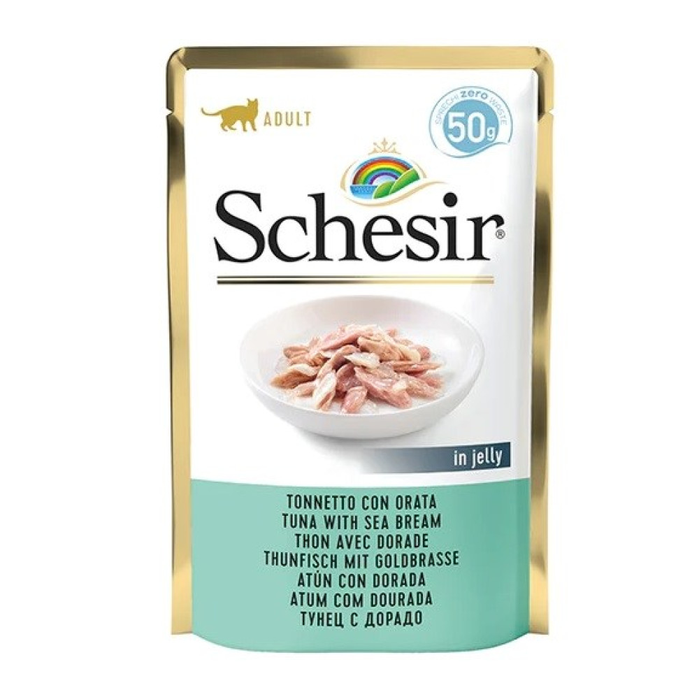 Kieszonka z karmą dla kota Schesir z tuńczykiem i doradą w galaretce, 50g.