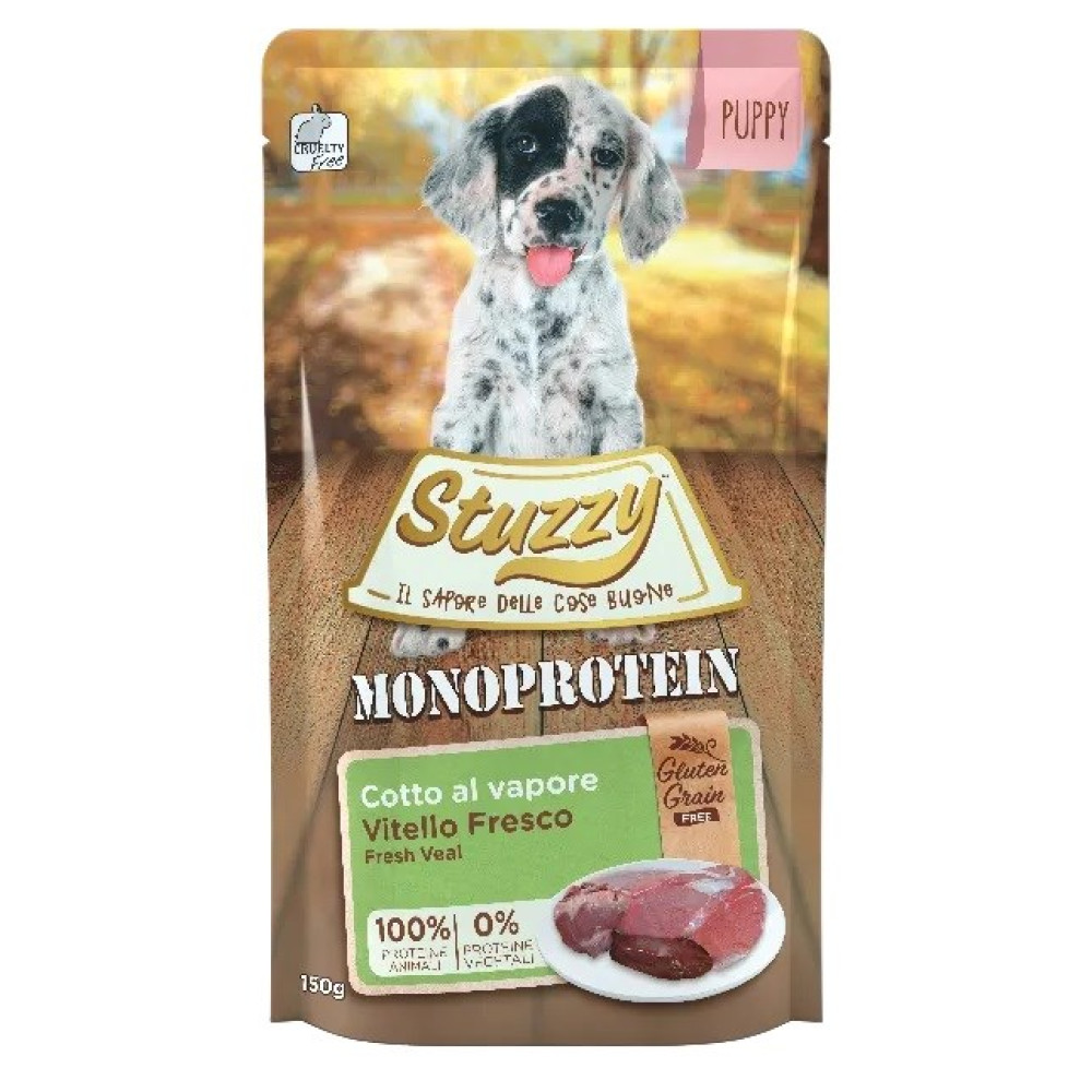 Kieszeń na karmę dla szczeniąt Stuzzy Monoprotein z cielęciną i łaciatym szczeniakiem.