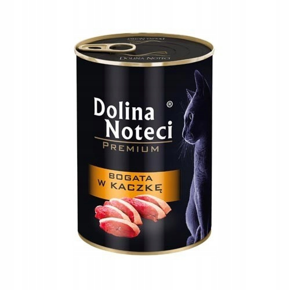 Czarna puszka karmy dla kota Dolina Noteci z czarnym kotem i kawałkami kaczki.