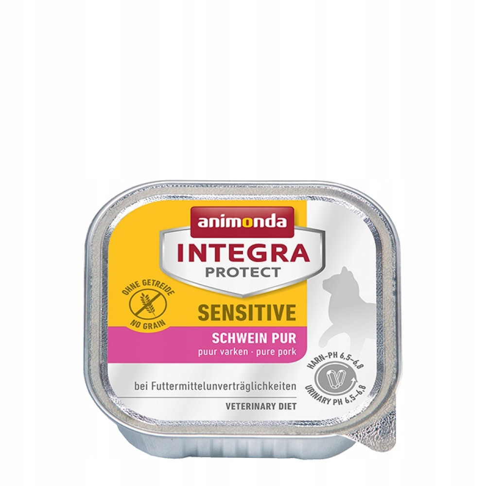 Prostokątna tacka z karmą Animonda Integra Protect Sensitive o smaku wieprzowym.