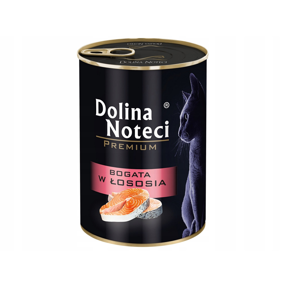 Czarna puszka karmy dla kota z wizerunkiem łososia, czarnym kotem i napisem Dolina Noteci Premium.