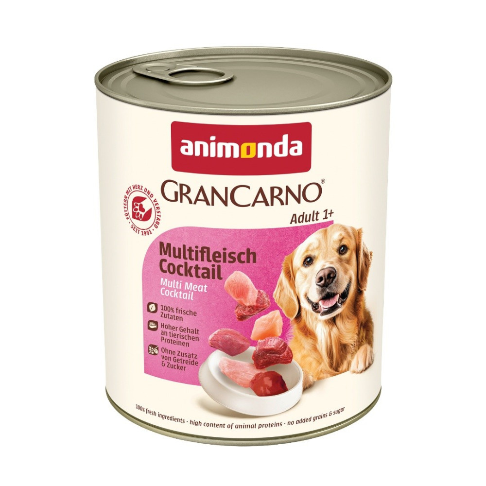 Puszka karma dla psa Animonda GranCarno z kawałkami mięsa i golden retrieverem.