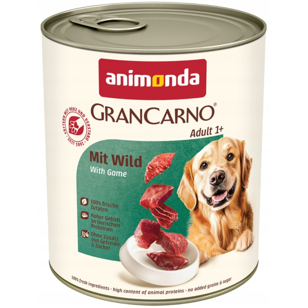 Puszka karmy dla psa Animonda GranCarno o smaku dziczyzny z psem Golden Retriever.