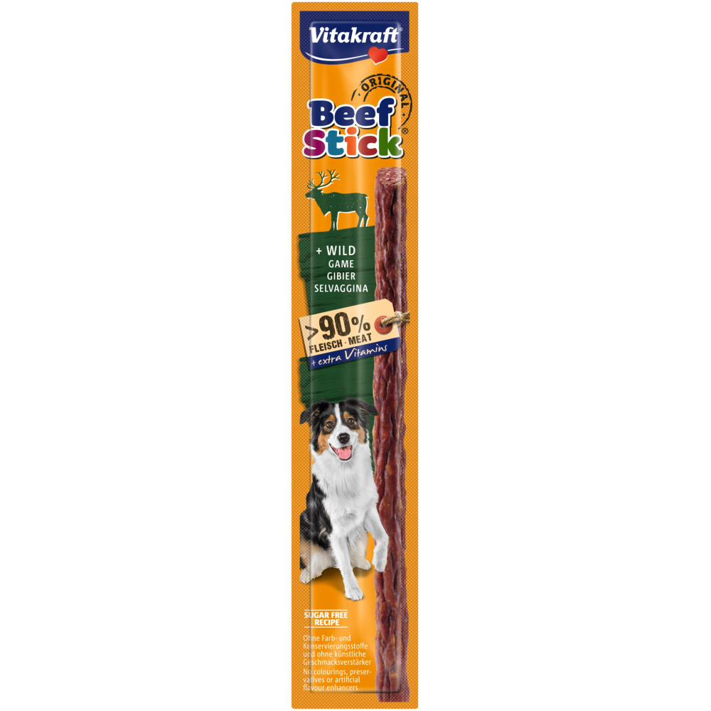 Vitakraft Beef Stick z dziczyzną, 90% mięsa, bez cukru, z wizerunkiem psa.