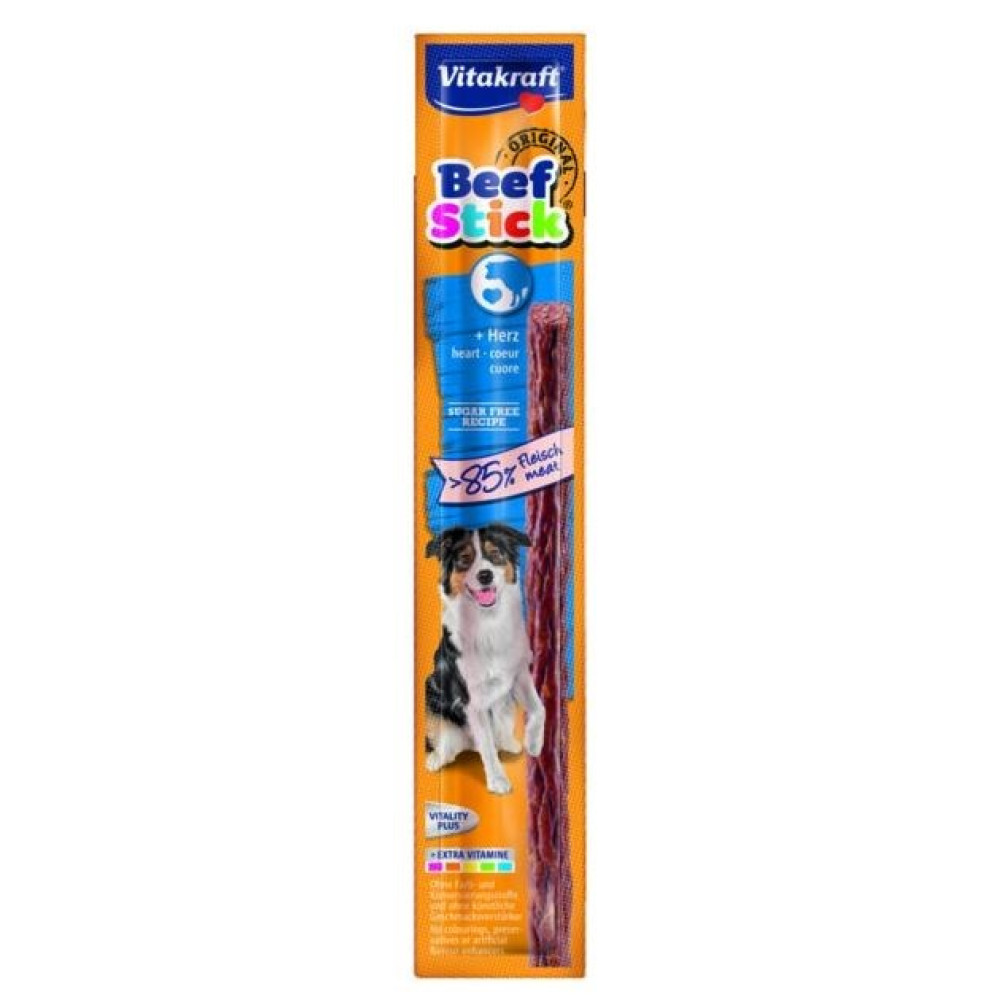 Opakowanie przysmaków dla psów Vitakraft Beef Stick z psem i mięsnym stickiem.