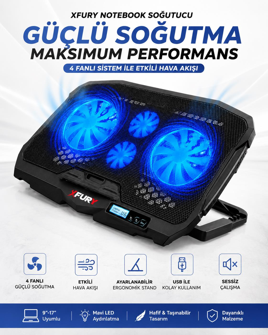 Dört mavi LED fanlı, dijital ekranlı ve ayarlanabilir ayaklı siyah laptop soğutucusu.