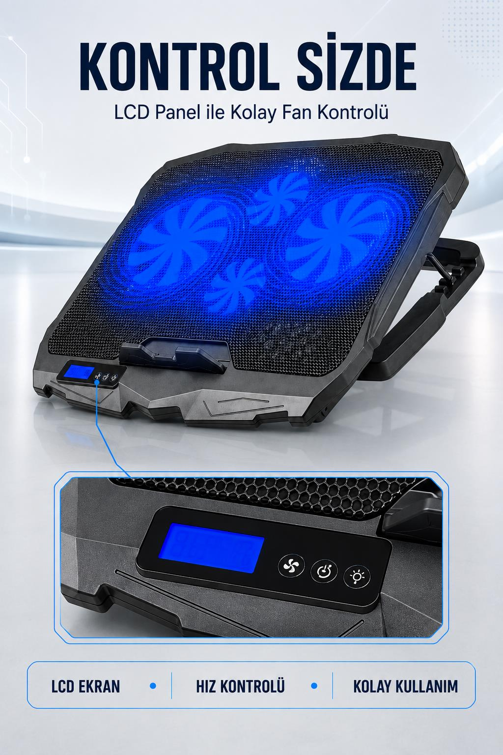Mavi LED fanlı ve LCD kontrollü siyah siyah laptop soğutucu standı.
