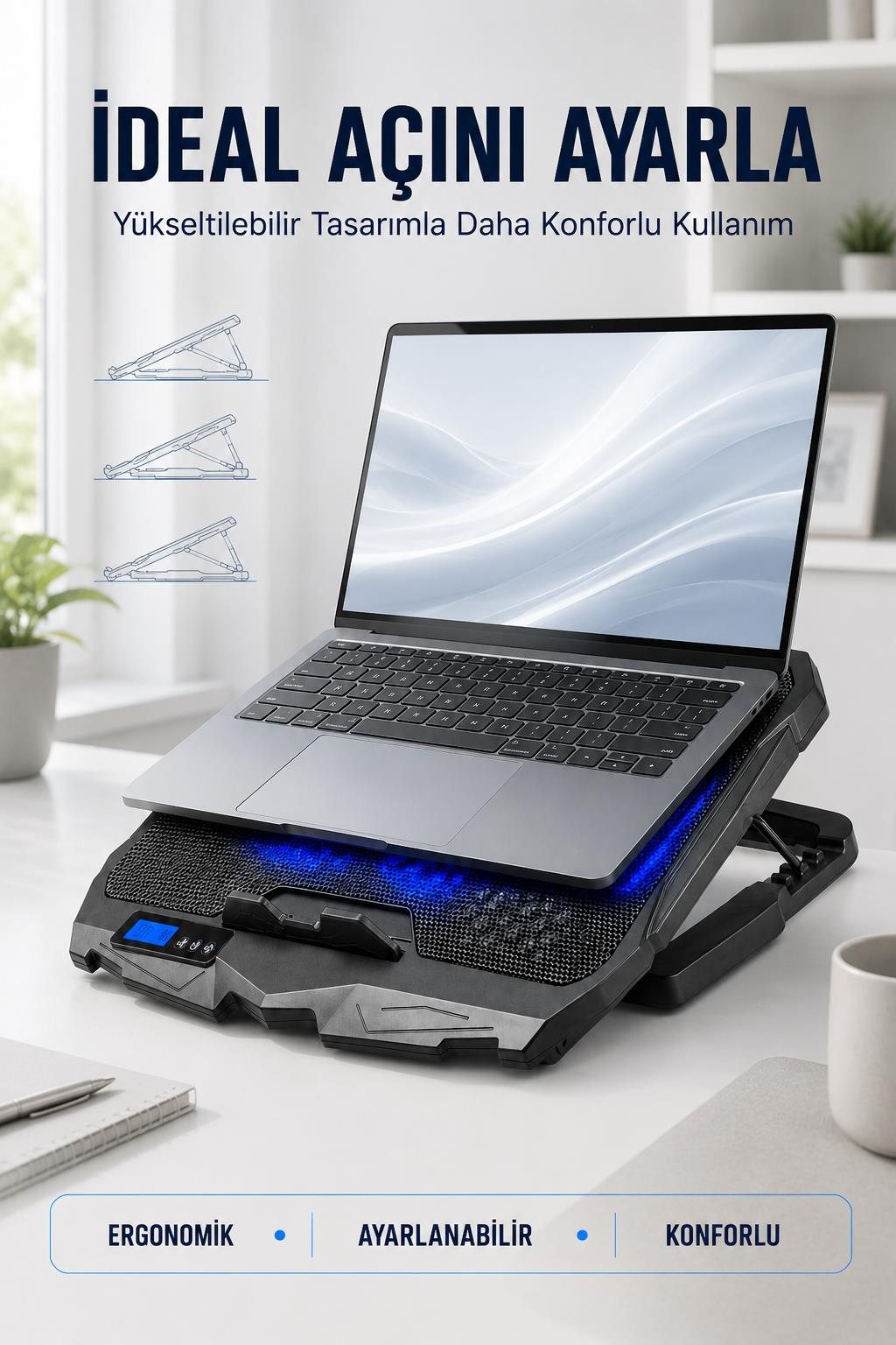 Mavi LED ışıklı, ayarlanabilir siyah dizüstü bilgisayar standı üzerinde gri bir laptop.
