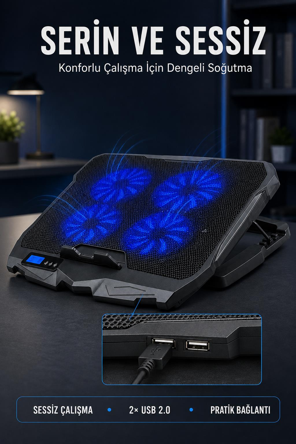 Koyu renkli masada dört mavi yanan fanlı siyah laptop soğutucu.