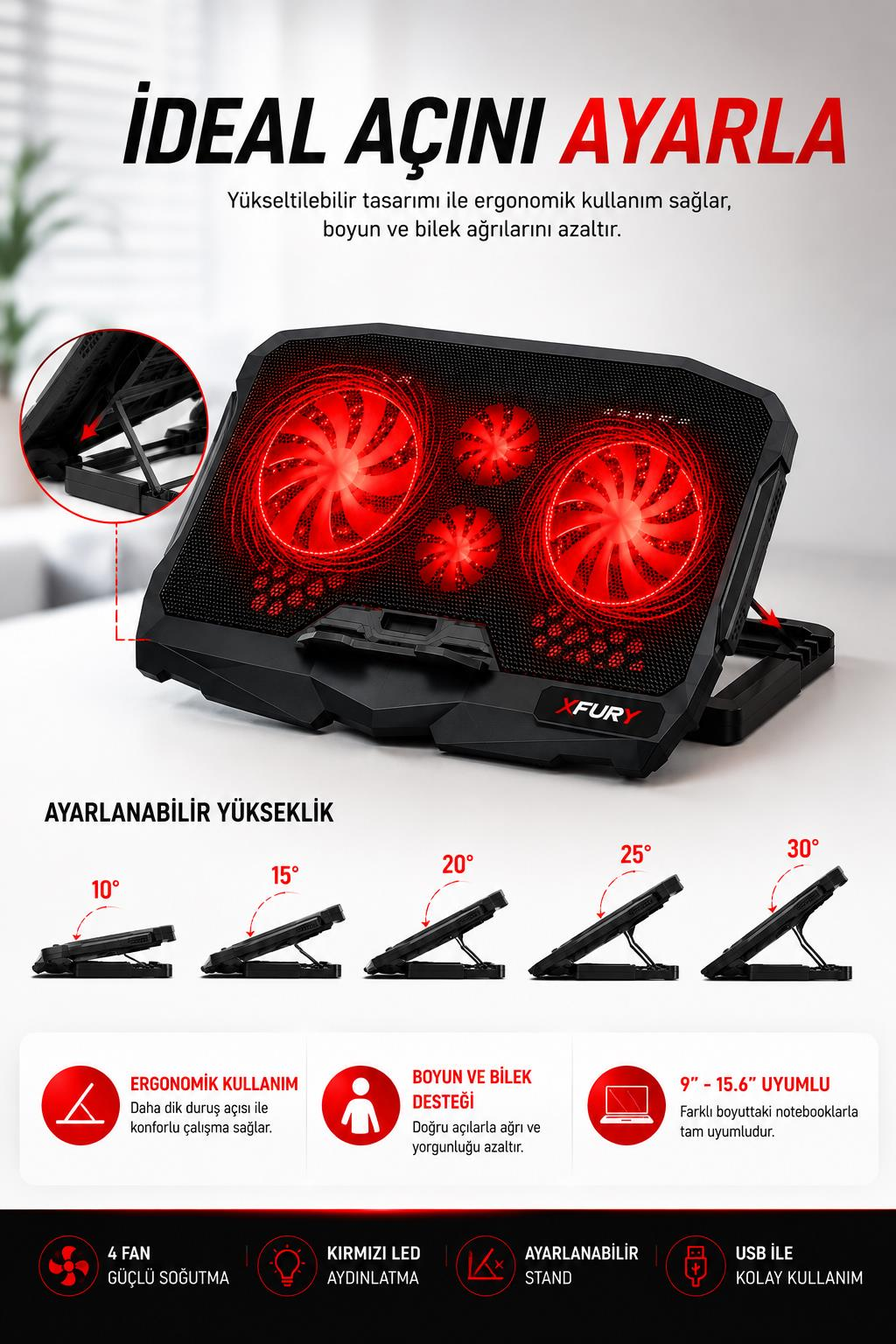 Kırmızı LED aydınlatmalı 4 fanlı, yüksekliği ayarlanabilir ergonomik siyah laptop soğutucu standı.