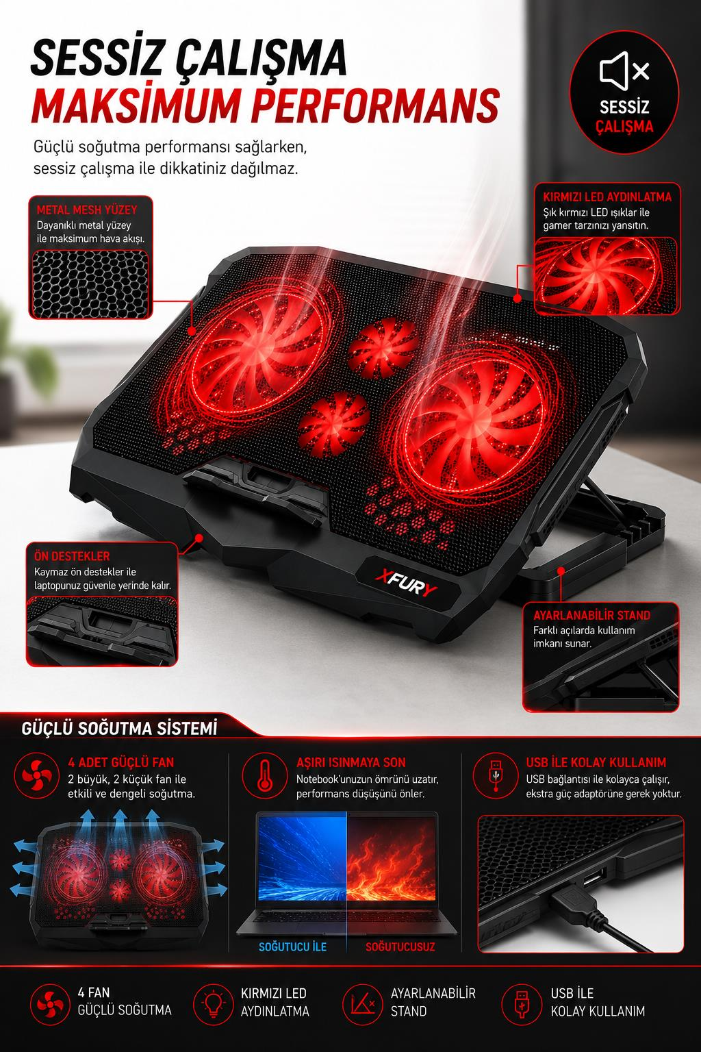 Kırmızı LED ışıklı, dört fanlı ve özellik açıklamaları bulunan siyah bir laptop soğutucu.