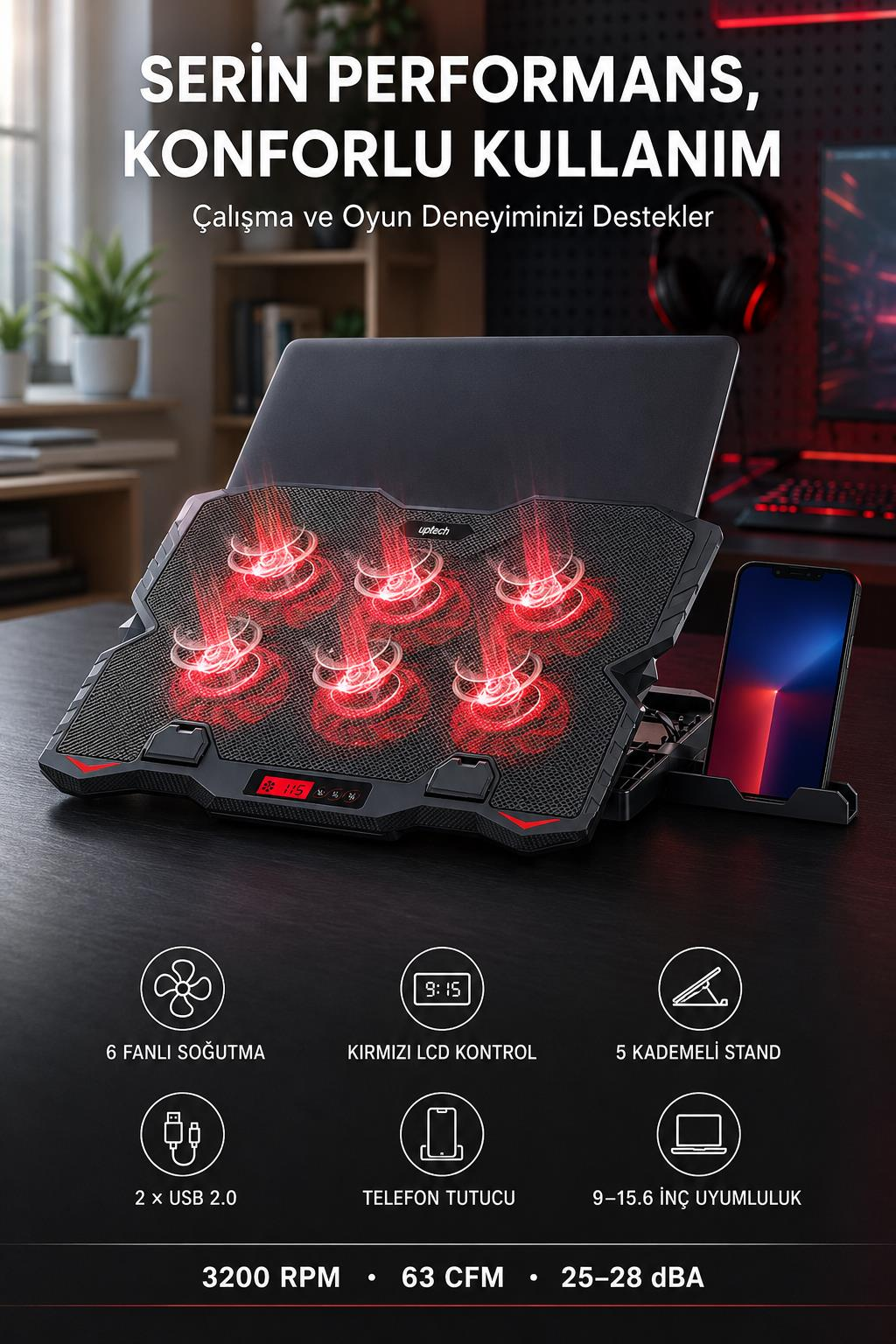 Altı adet döner kırmızı LED fanlı ve akıllı telefon tutuculu laptop soğutucu masada duruyor.