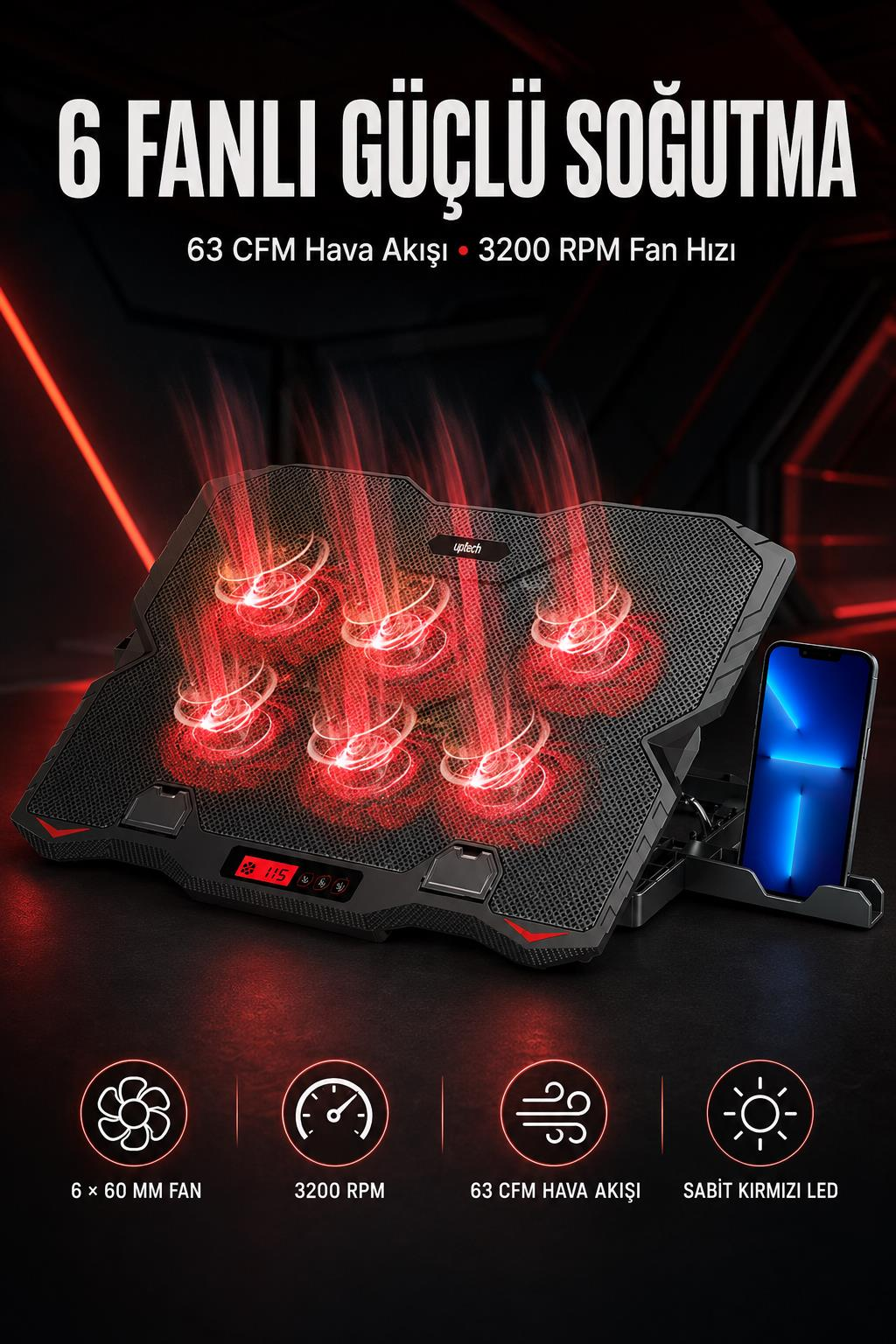 Altı kırmızı LED fanlı, dijital göstergeli ve telefon standlı siyah laptop soğutucu.