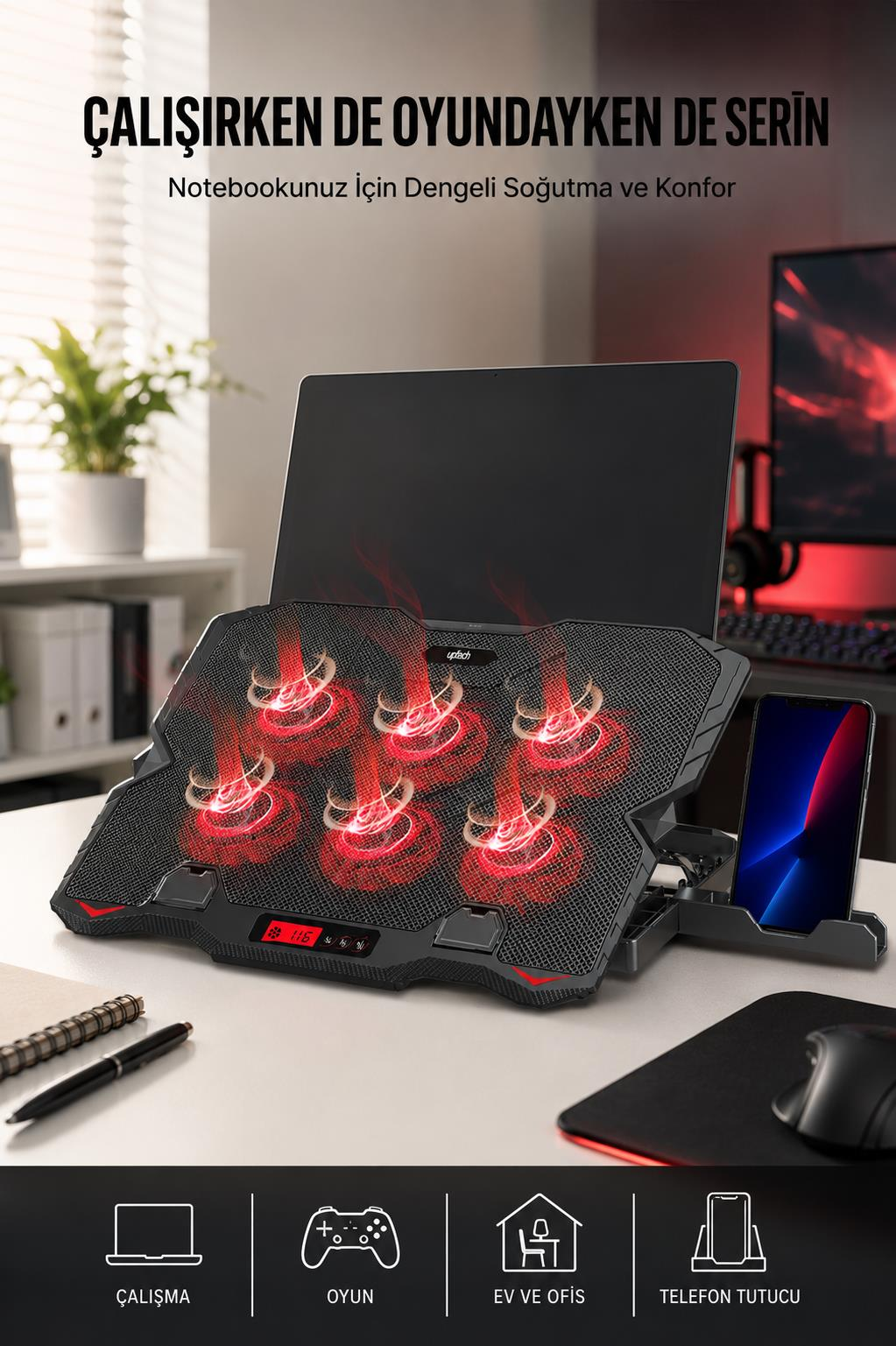 Altı kırmızı LED fanlı laptop soğutucusu, telefon tutucu ve masada duran bir laptop.