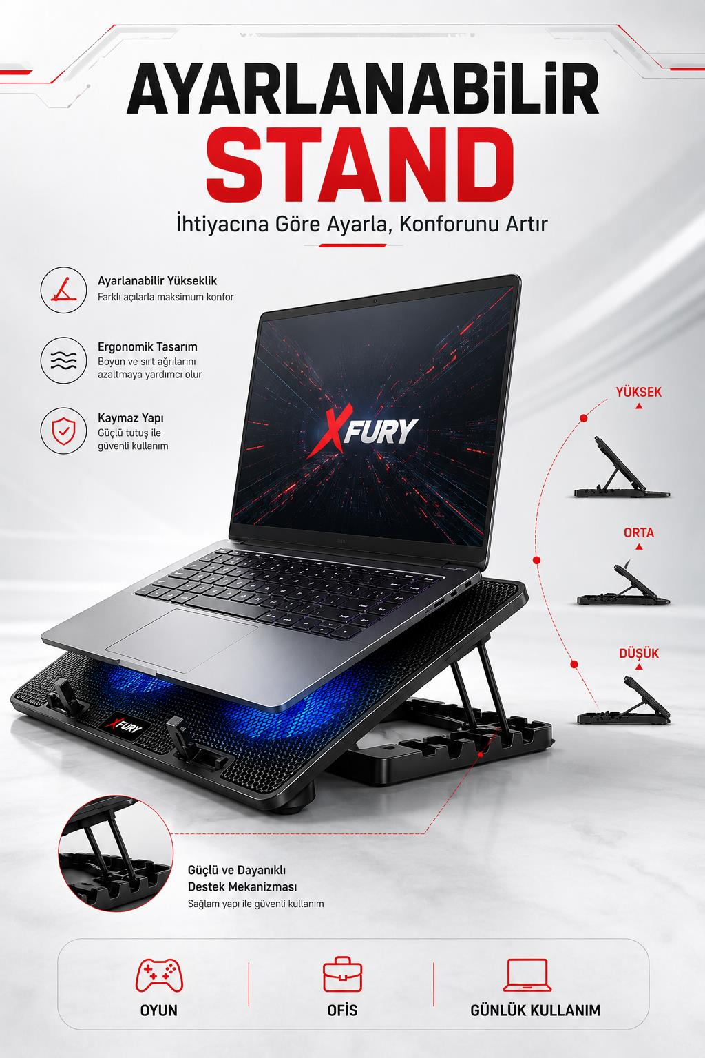 Mavi ışıklı fanlara sahip ayarlanabilir laptop standı gri bir dizüstü bilgisayarı destekliyor, Türkçe özellik açıklamalarıyla.