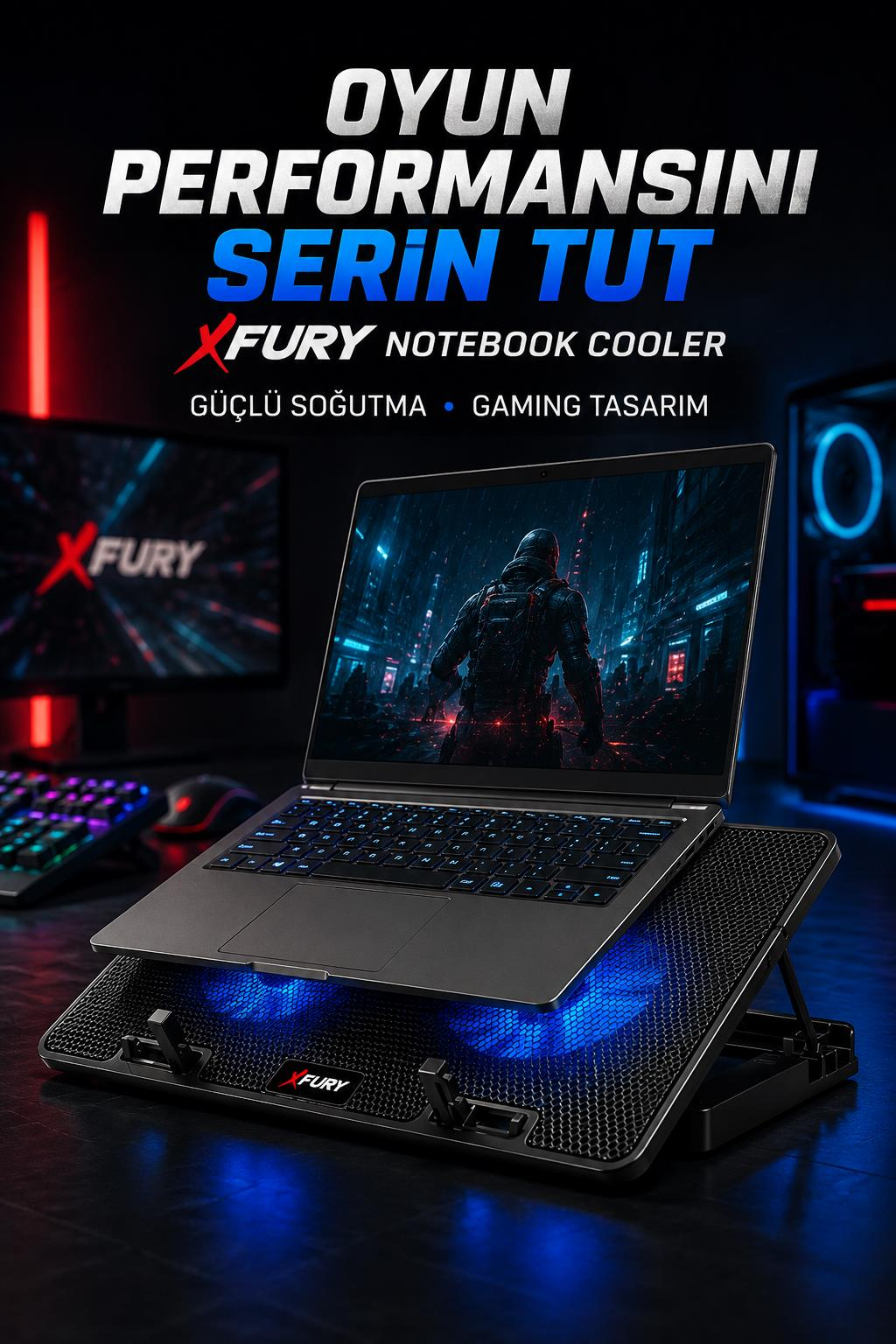 Karanlık masada mavi ışıklı fanlara sahip XFURY dizüstü bilgisayar soğutucusu üzerinde oyun bilgisayarı.