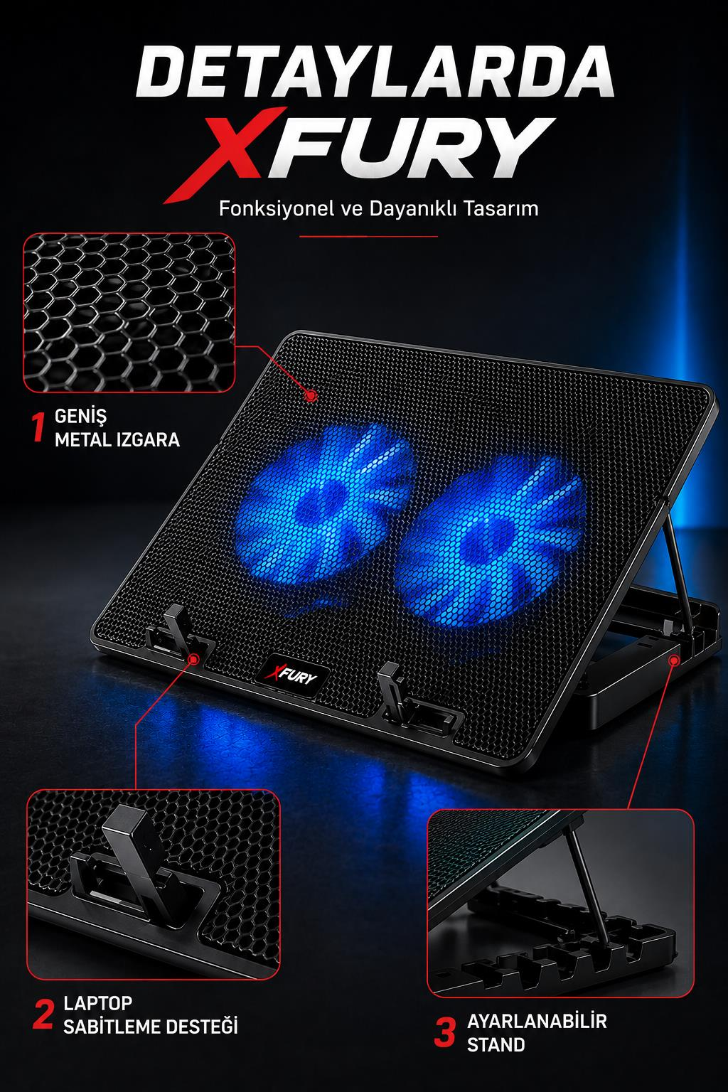 İki mavi yanan fanlı, metal ızgaralı, laptop tutuculu ve ayarlanabilir standlı siyah laptop soğutucu.