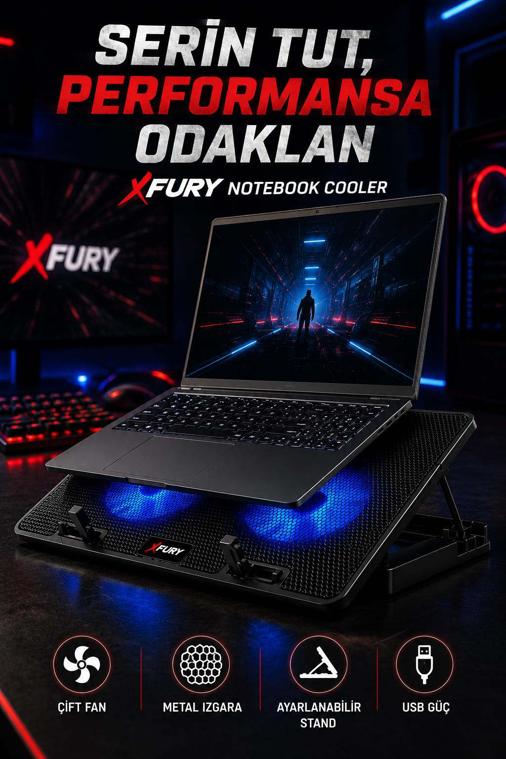 Mavi ışıklı çift fanlı soğutucu stand üzerinde duran siyah bir dizüstü bilgisayar.