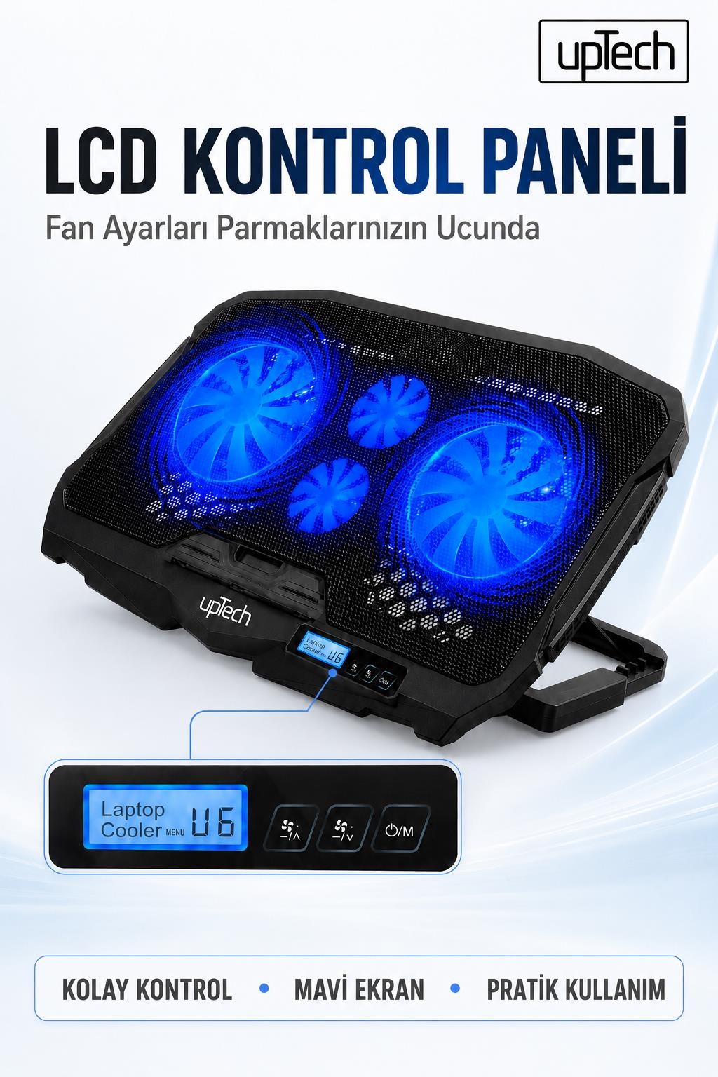 Dört mavi aydınlatmalı fana ve LCD kontrol paneline sahip siyah bir laptop soğutucusu.