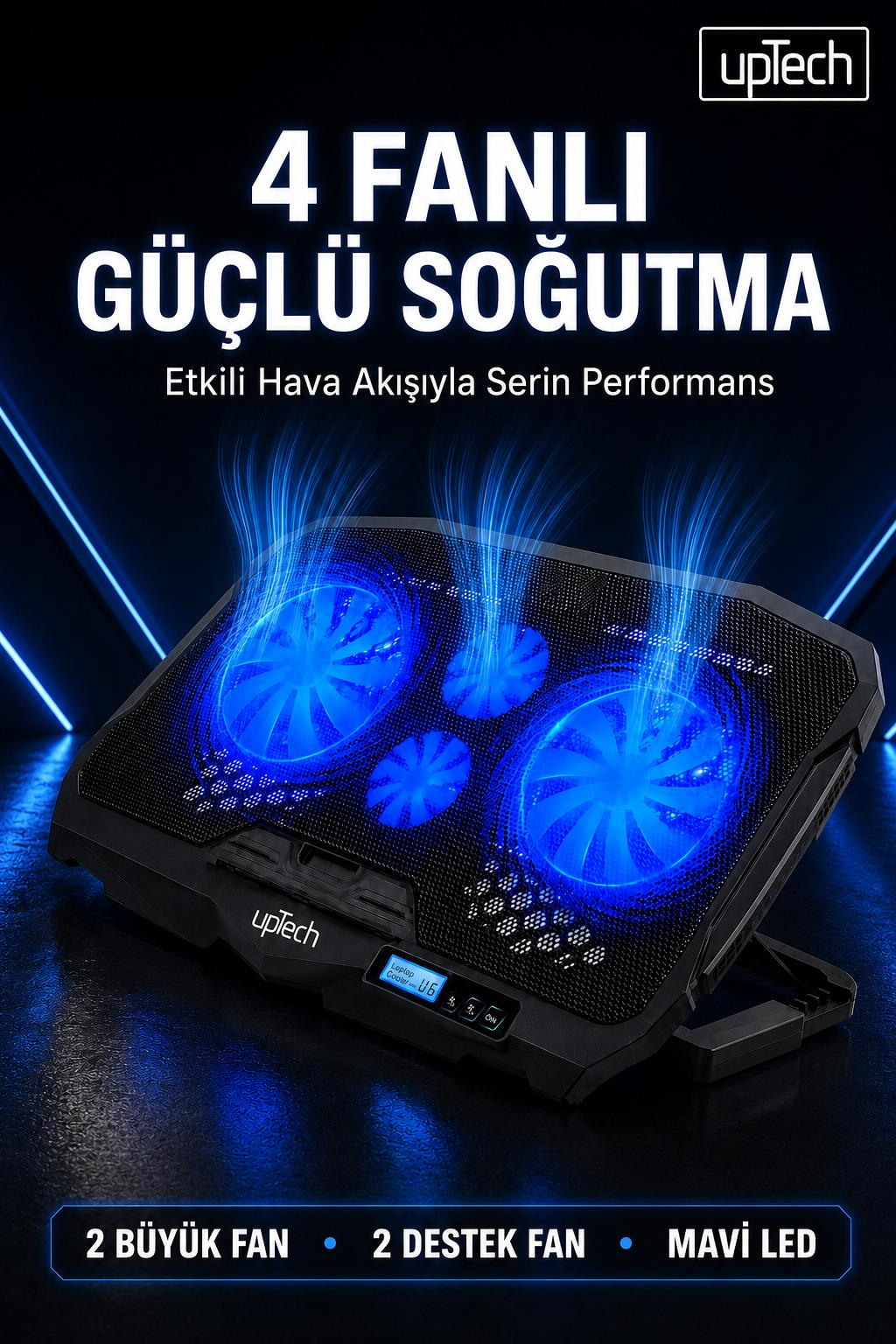Mavi arka plan üzerinde dört adet parlak mavi LED aydınlatmalı fana sahip siyah laptop soğutucu.