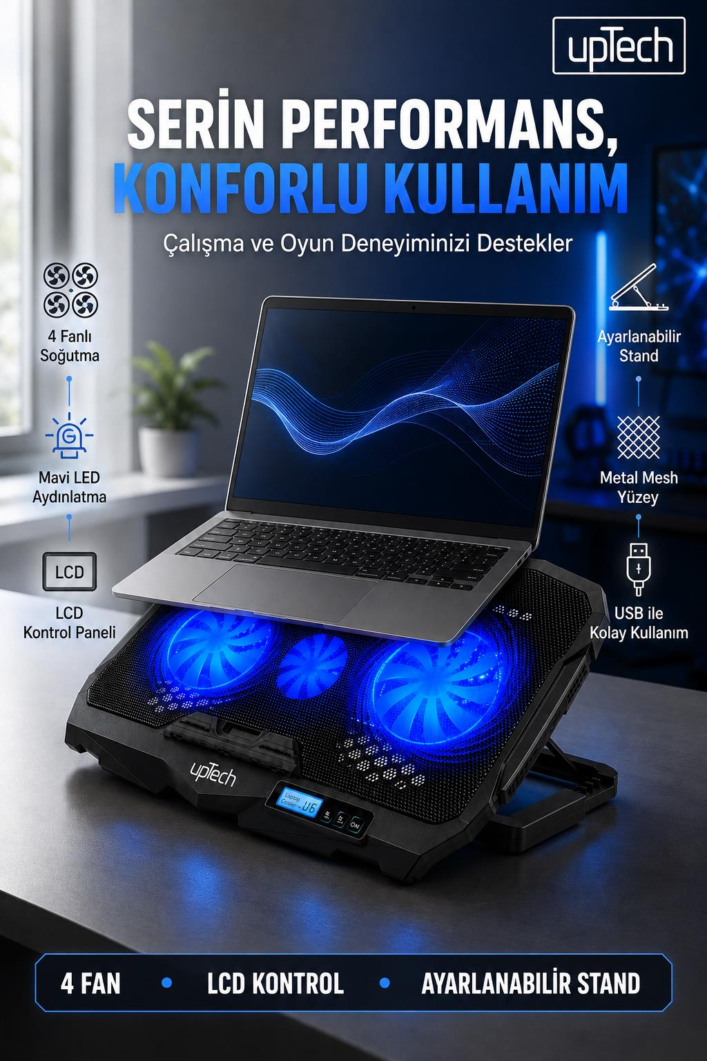 Mavi LED fanlı siyah laptop soğutucusu üzerinde duran gri bir dizüstü bilgisayar.