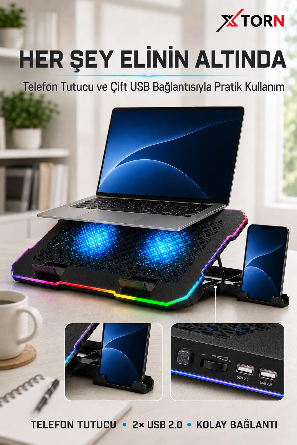 Mavi LED ışıklı, çift fanlı, telefon tutuculu ve USB portlu laptop soğutucu stand masa üzerinde.