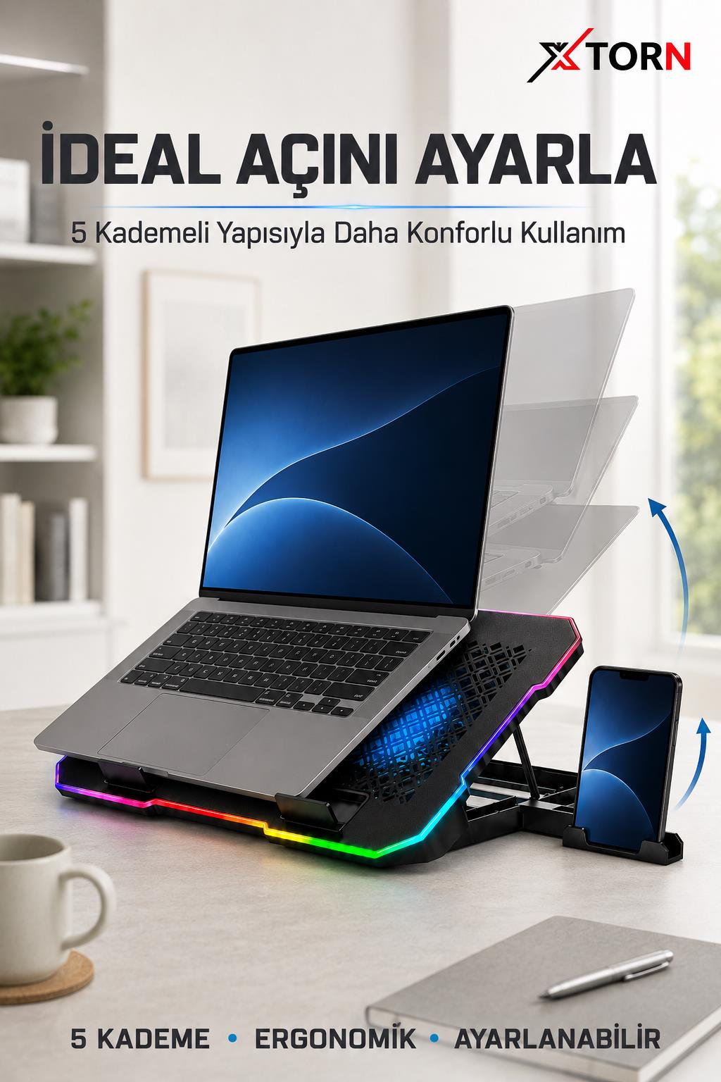Aydınlatmalı ve telefon tutuculu ayarlanabilir soğutucu üzerinde dizüstü bilgisayar masa üstünde.